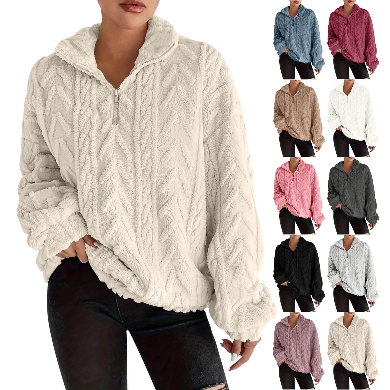 Pullover Sweaters for Women Quarter Zip Cable Knit Sherpa Fuzzy Turtleneck Sweater Long Sleeve Oversized Sweatshirts