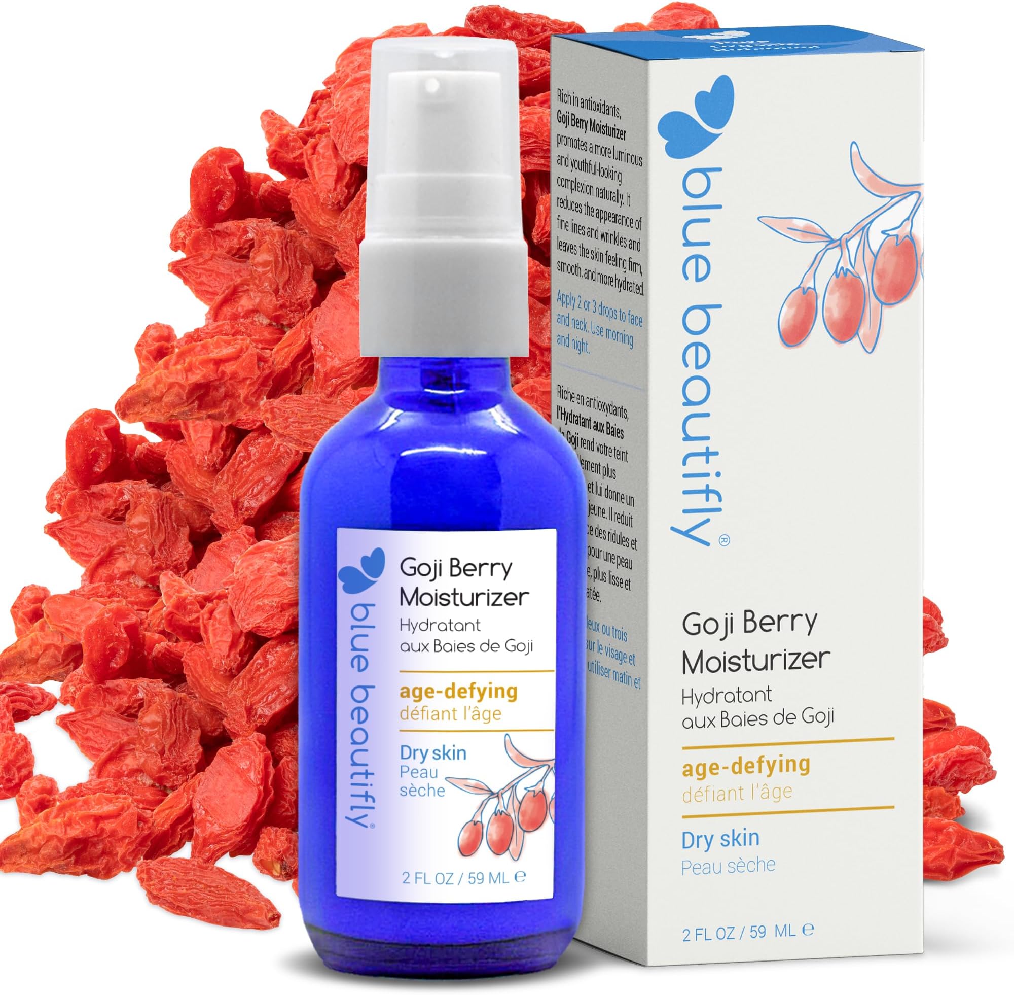 Blue Beautifly Goji Berry Face Moisturizer - Restores Elasticity, Boosts Collagen, and Protects the Skin - Hyaluronic Acid Moisturizer Super-Charged with Ribose, and Marine Pine Bark Extract - 2 fl oz