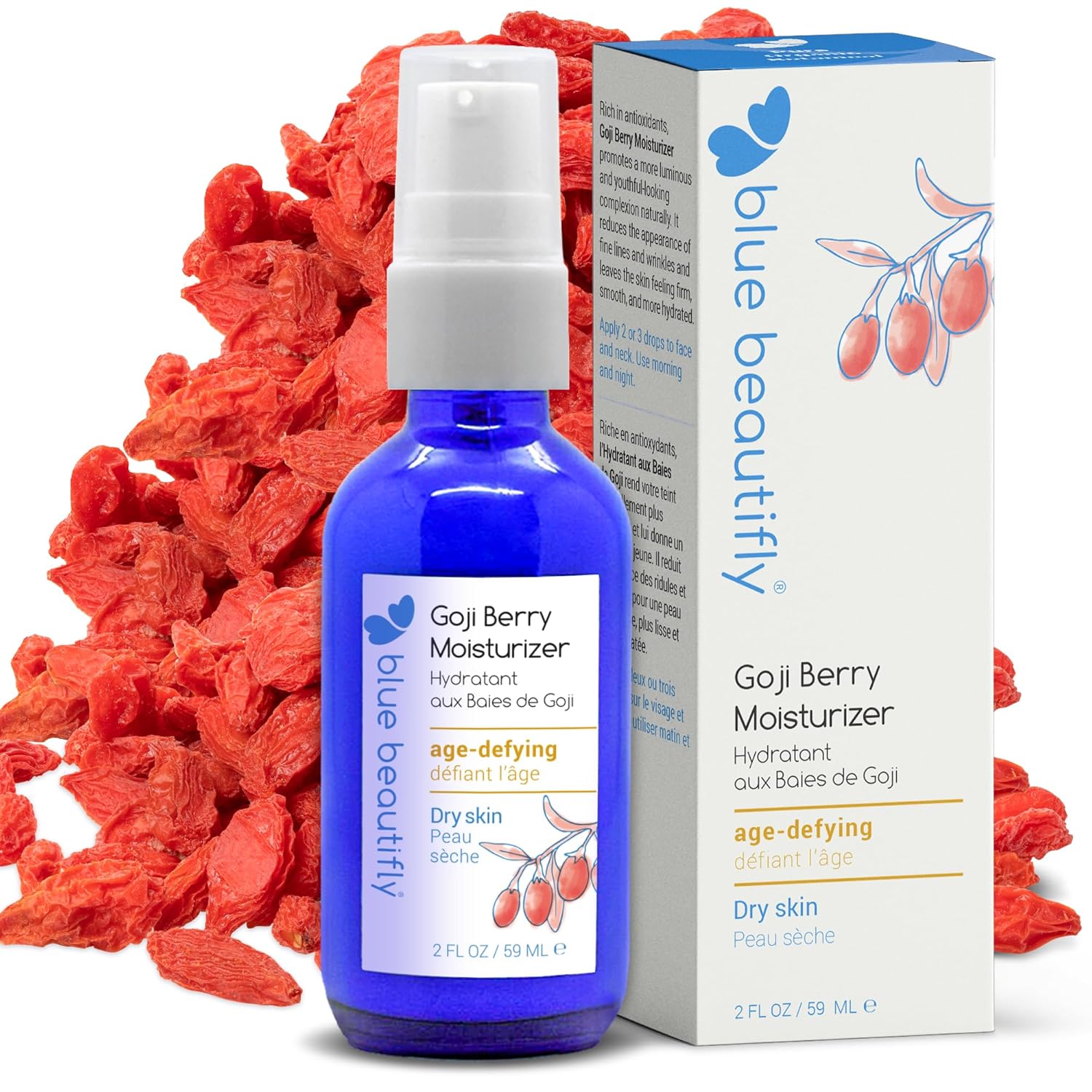 Blue Beautifly Goji Berry Face Moisturizer - Restores Elasticity, Boosts Collagen, and Protects the Skin - Hyaluronic Acid Moisturizer Super-Charged with Ribose, and Marine Pine Bark Extract - 2 fl oz