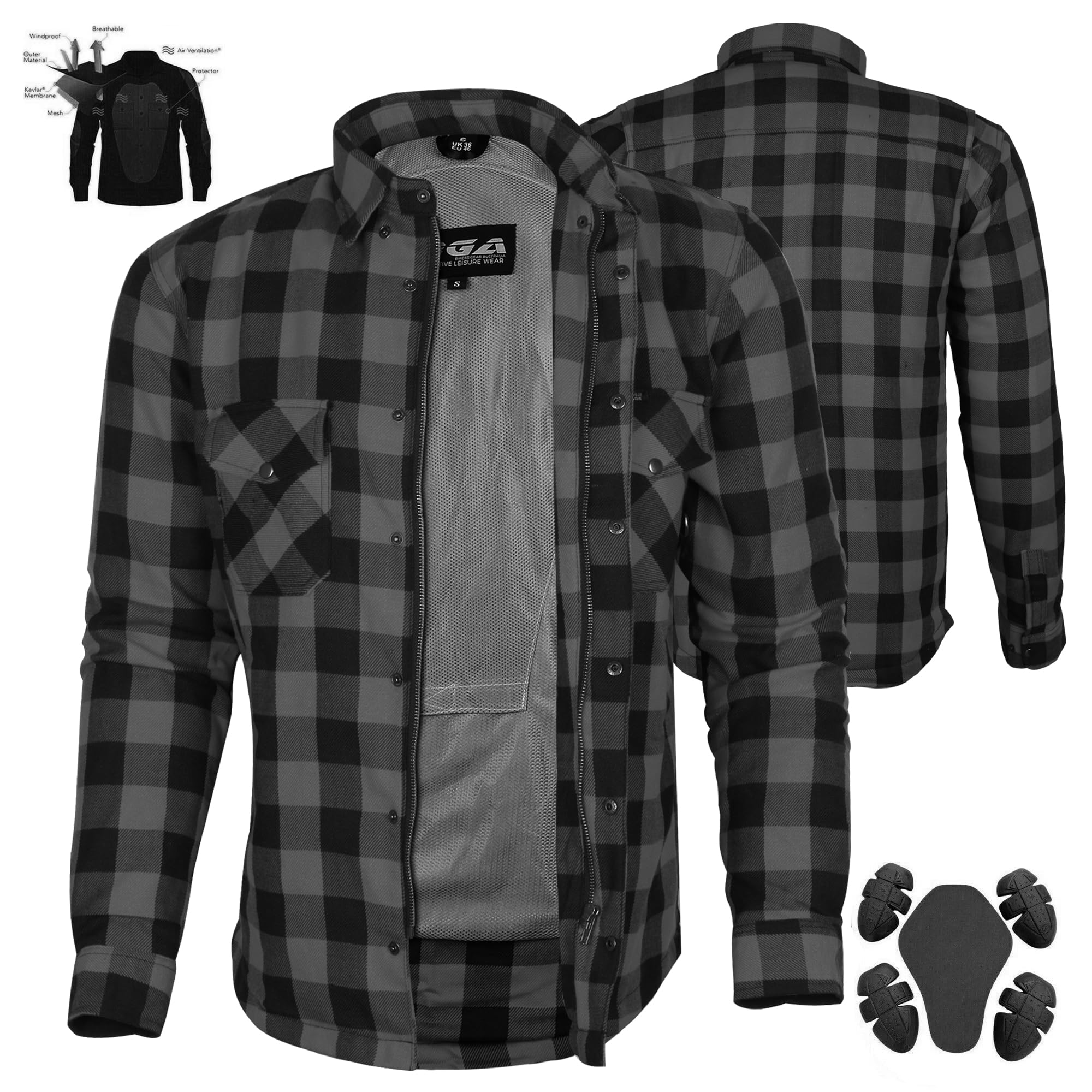 Bikers Gear Australia Men's Grey Bikers Gear Motorcycle Kevlar Aramid Lined Protective Flannel Shirt Stripe, Black And With Ce 1621-1 Removable Armour … (6Xl)