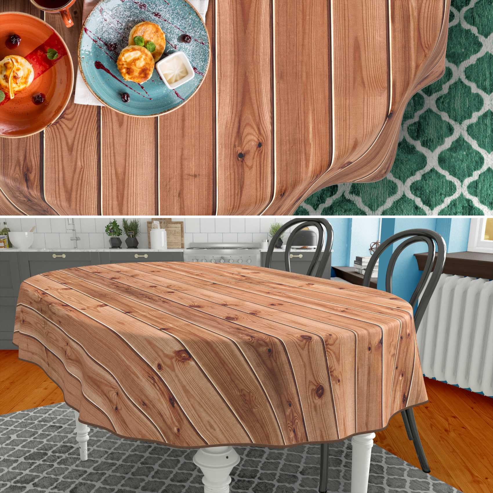 Mantel de tela, Cubre Manteles de algodón y poliéster, lavable, fácil de limpiar, redondo, ovalado, rectangular, madera, marrón, ovalado, 220 x 140 cm, con dobladillo (ribeteado)