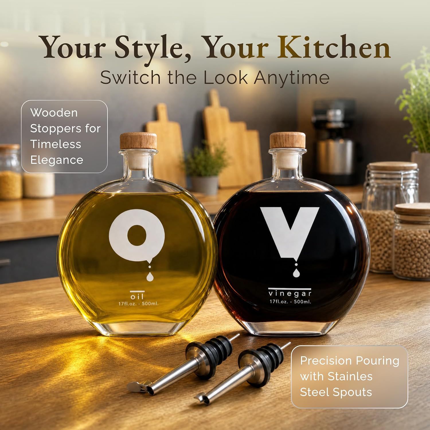 Elegant Oil and Vinegar Dispenser Set – Glass Bottles 17oz/500ml with Corks, Pouring Spouts & Funnel | Modern Olive Oil Dispenser & Vinegar Cruet for Kitchen Decor | Set of 2