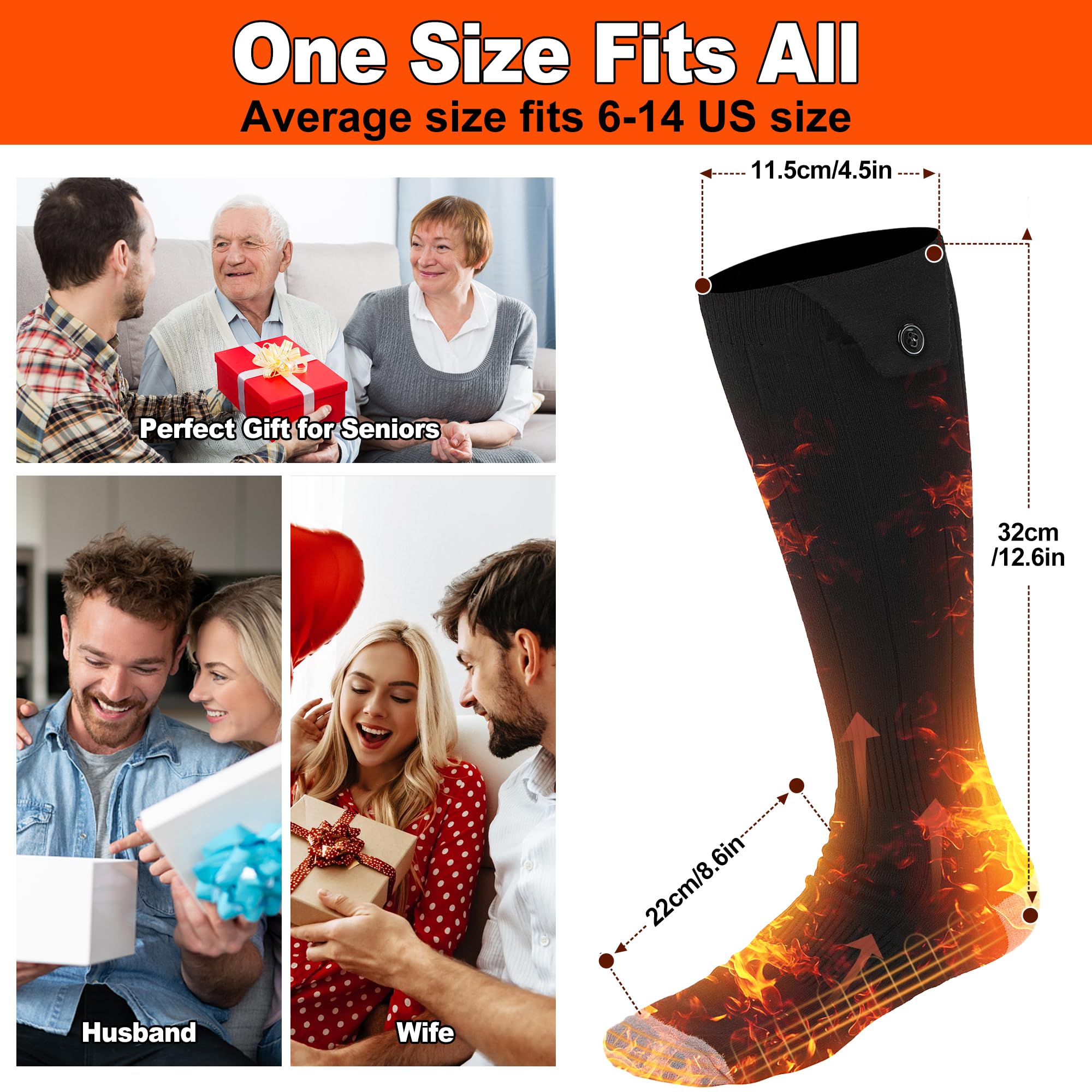 Beheizbare Socken Damen Herren Wiederaufladbare Heizsocken mit 5000mAh Akku 4 Heizstufen, Beheizte Socken Warme Socken Fusswärmer(Schwarz)