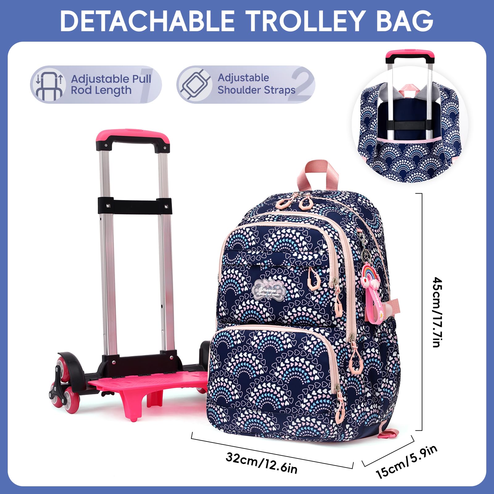 Amythe Cartable à Roulettes pour Filles de 9+ Ans, 6 Roues Bleu