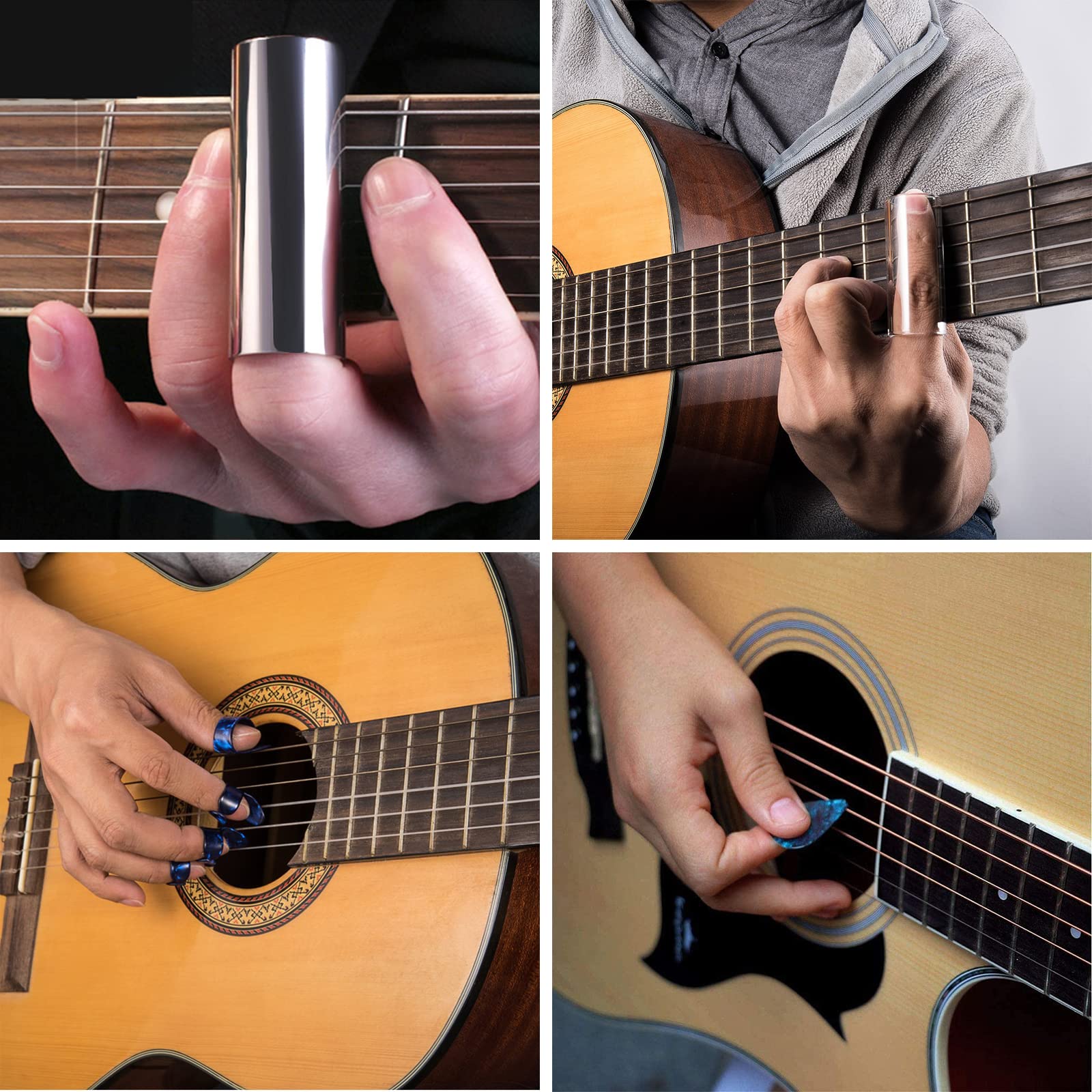 4 Pièces Glissoirs pour Glisse de Guitare en Acier Inoxydable et Verre, 5 Médiators pour Glisse + 4 Médiators du Pouce et Doigt, pour Basses, Moyenne