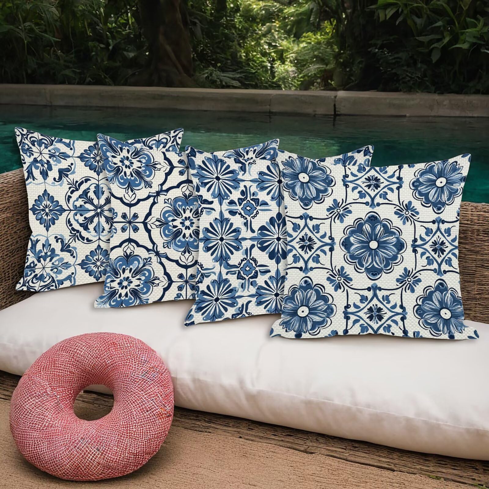 Juego de 4 Funda de Cojín Exterior Impermeable, 55x55 cm Fundas Cojínes Azules de Lino, Exterior Impermeable Lino Cojín Boho Decorativo, Fundas de Almohada para Patio Balcón Jardín Sofá Oficina I-69
