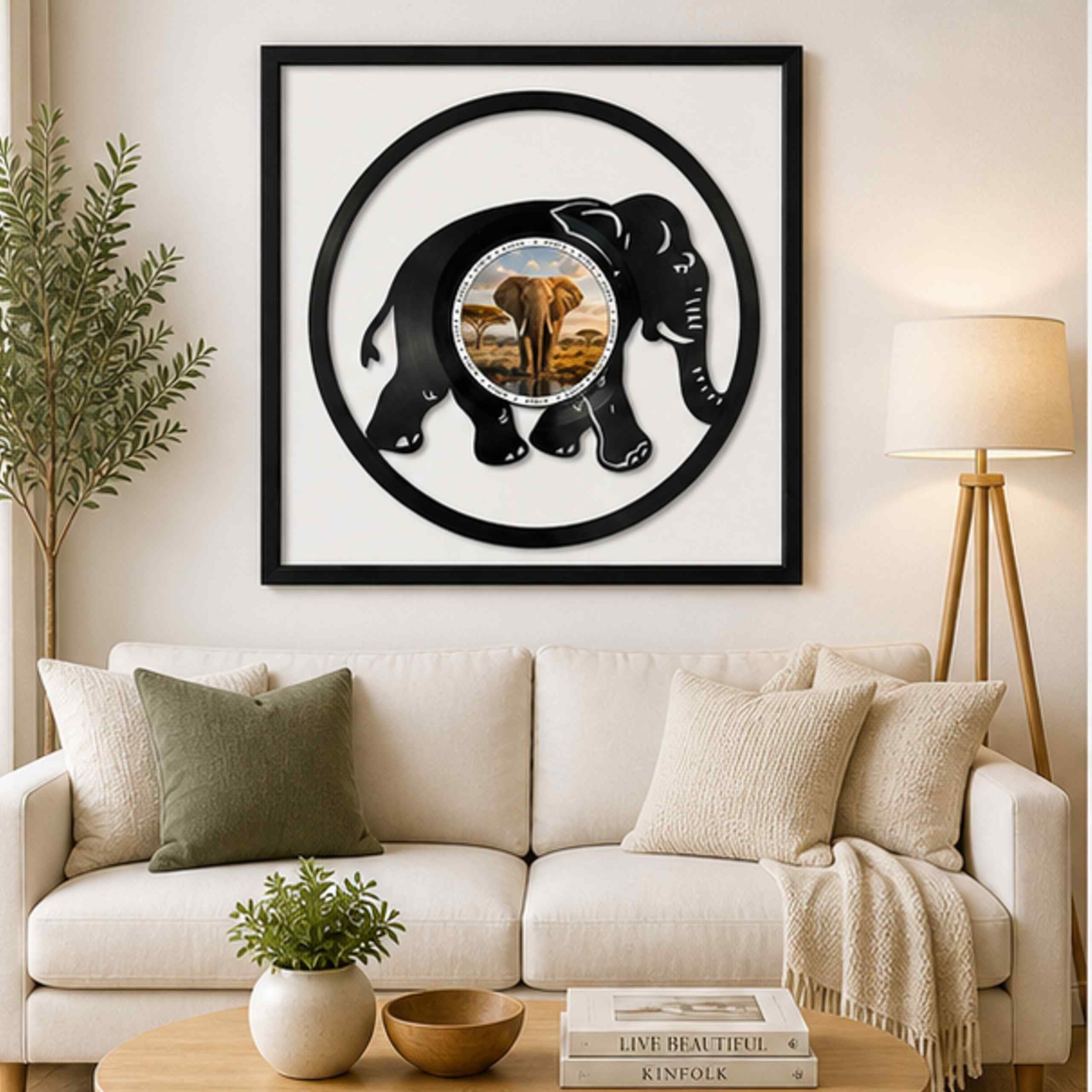 EVEVO Decorazione da parete in vinile, con cornice, 32 x 32 cm, elefante, arte da parete in vinile, motivo: Africa Savanna, regalo per gli amanti della natura e dei safari