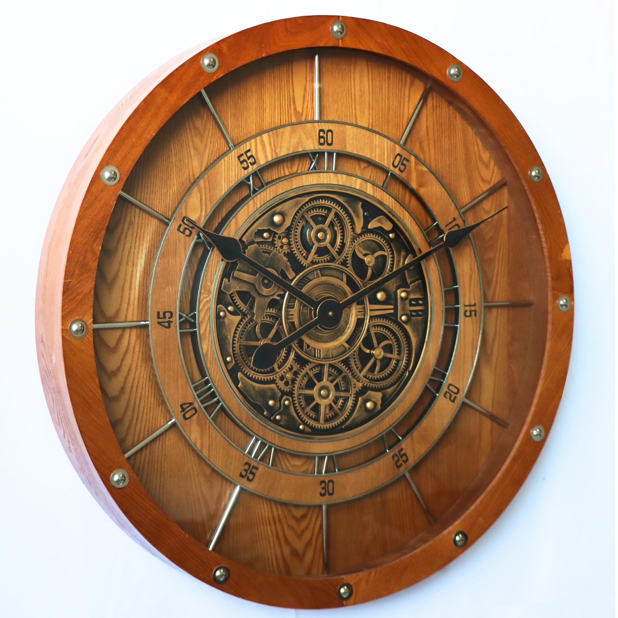 THE GEARS CLOCK Reloj de pared de 32 pulgadas con mecanismo de movimiento real, línea francesa (marrón vintage, 80 cm)