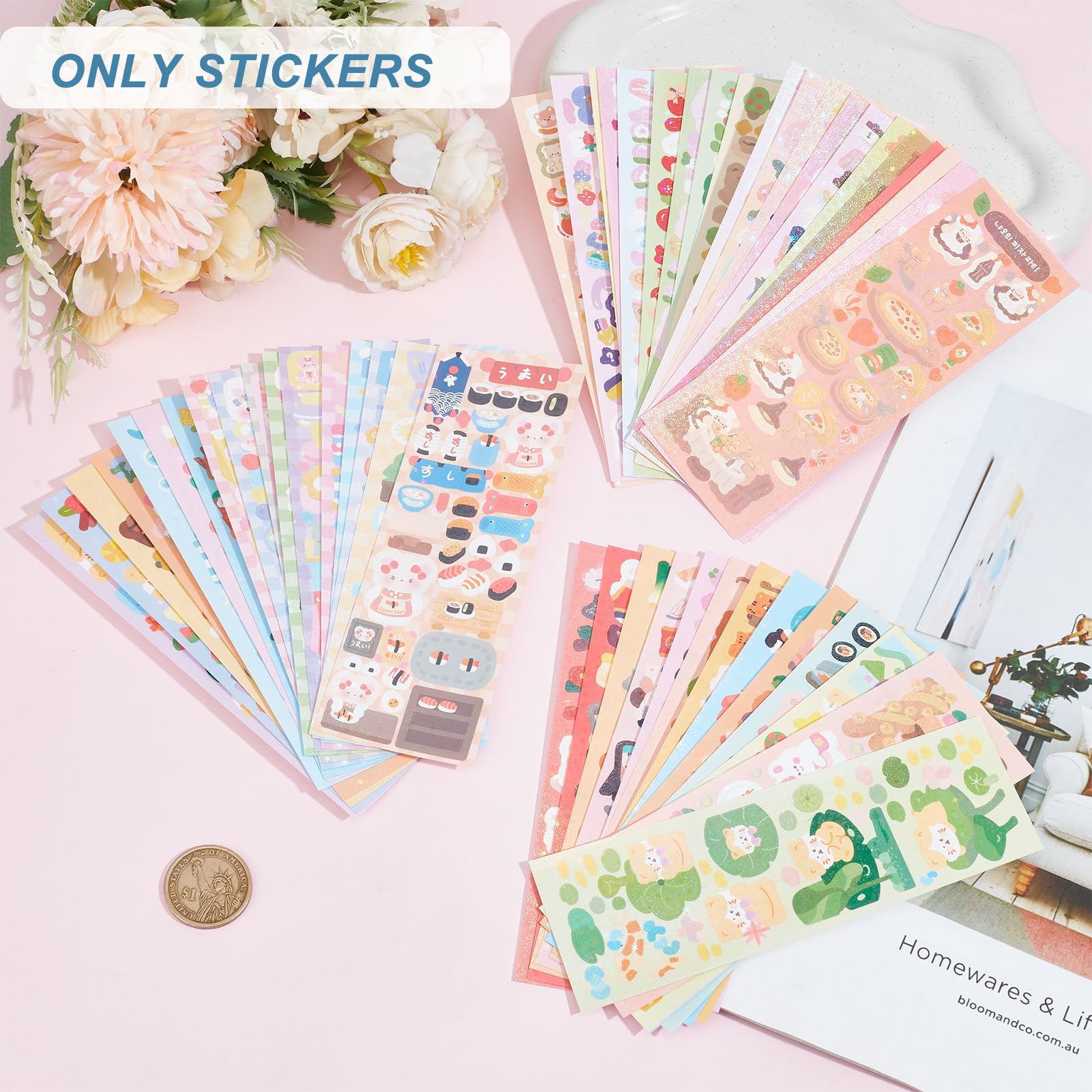 60 Blatt Koreanische Aufkleber – Bunte Kpop-Deko Mit Schmetterlingen, Herzen & Schleifen Für Scrapbooks
