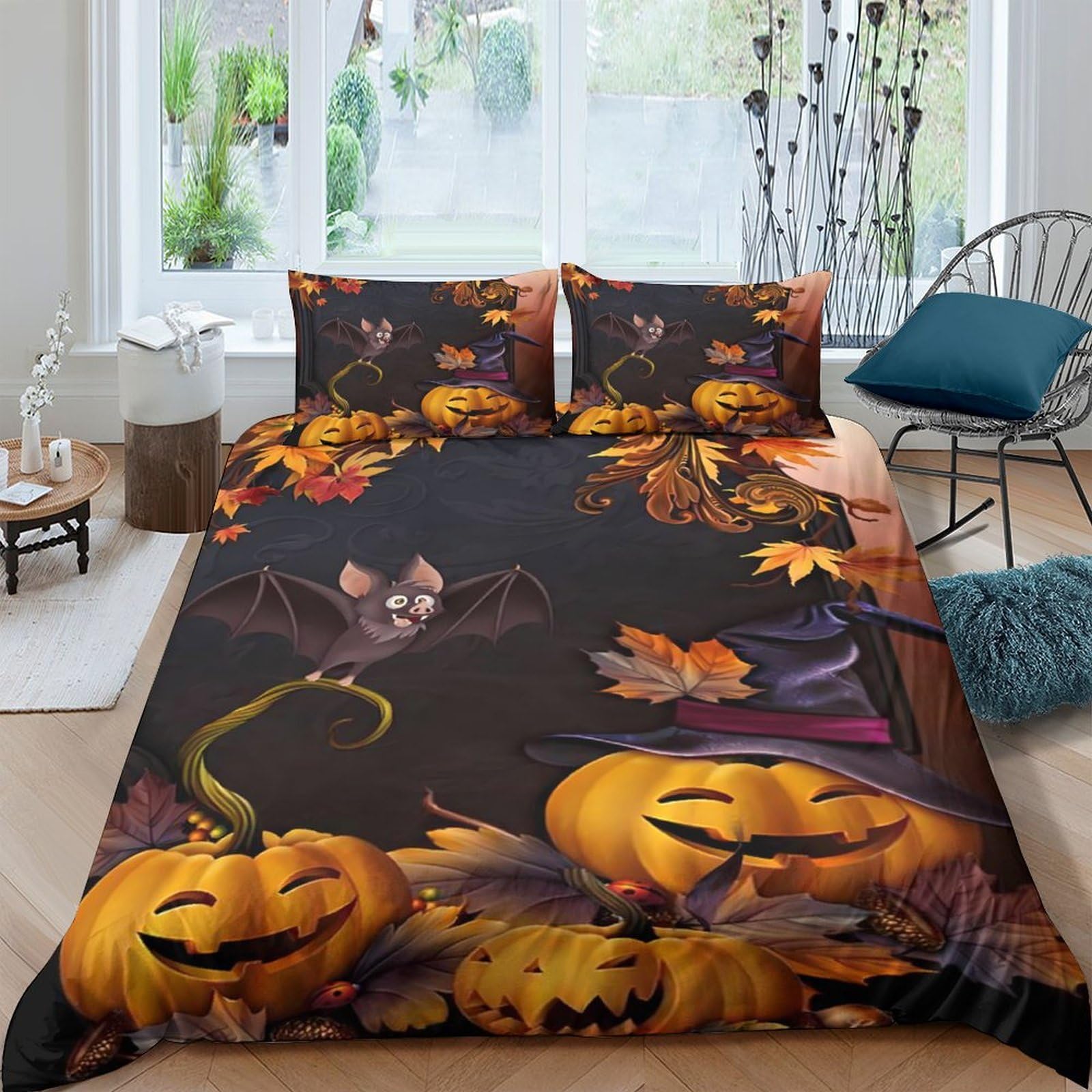 GPLZQXKJNH 3D Printed Halloween Pumpkin Duvet Cover Microfiber Soft Breathable Bat Quilt Cover Set with 2 Pillowcases for Bedroom Decor Single（135x200cm）