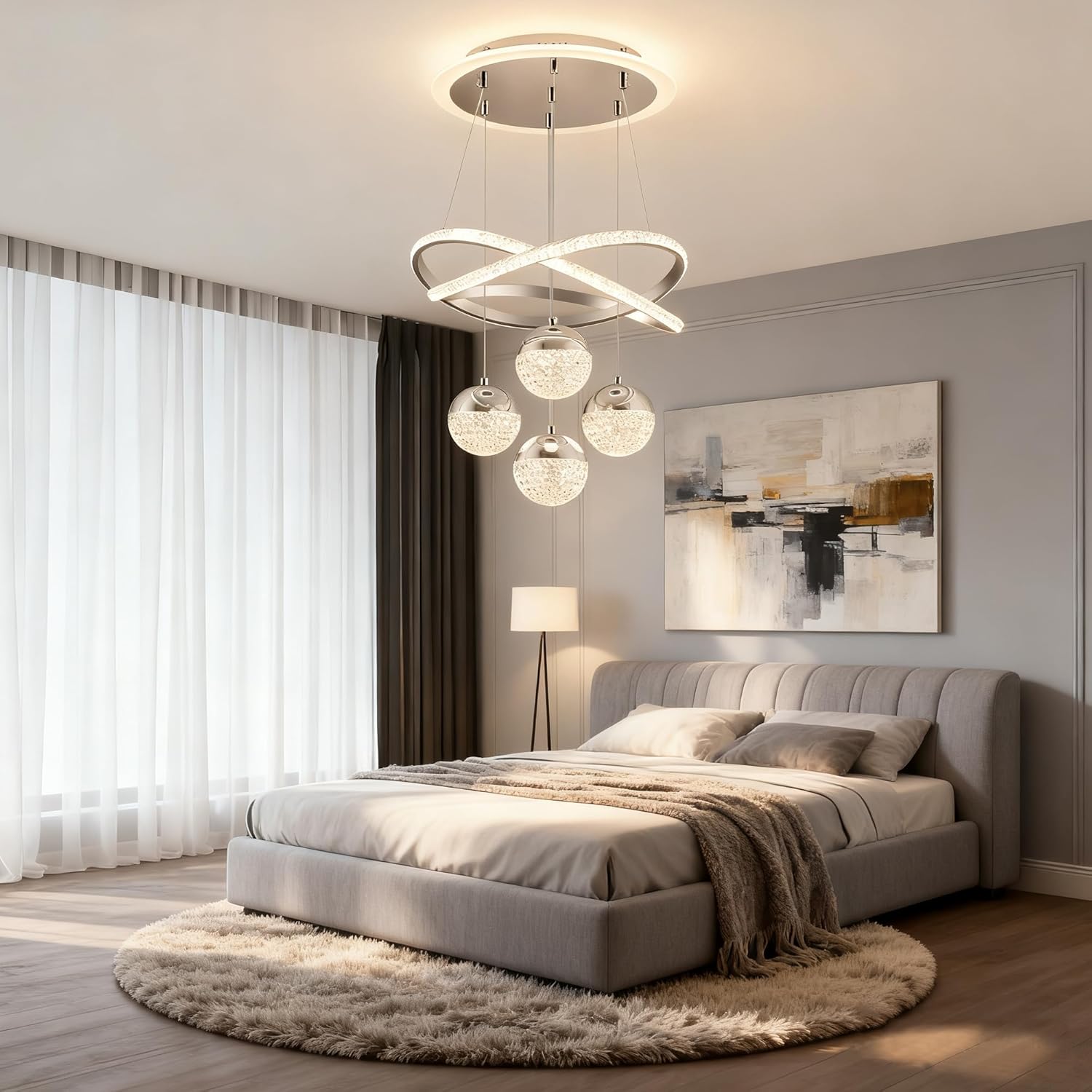3-Color Change Chrome LED Chandelier, Modern Pendant Light for Kitchen Island, Adjustable Height Hanging Pendant Light Fixture for Dining Room, Living Room Ceiling