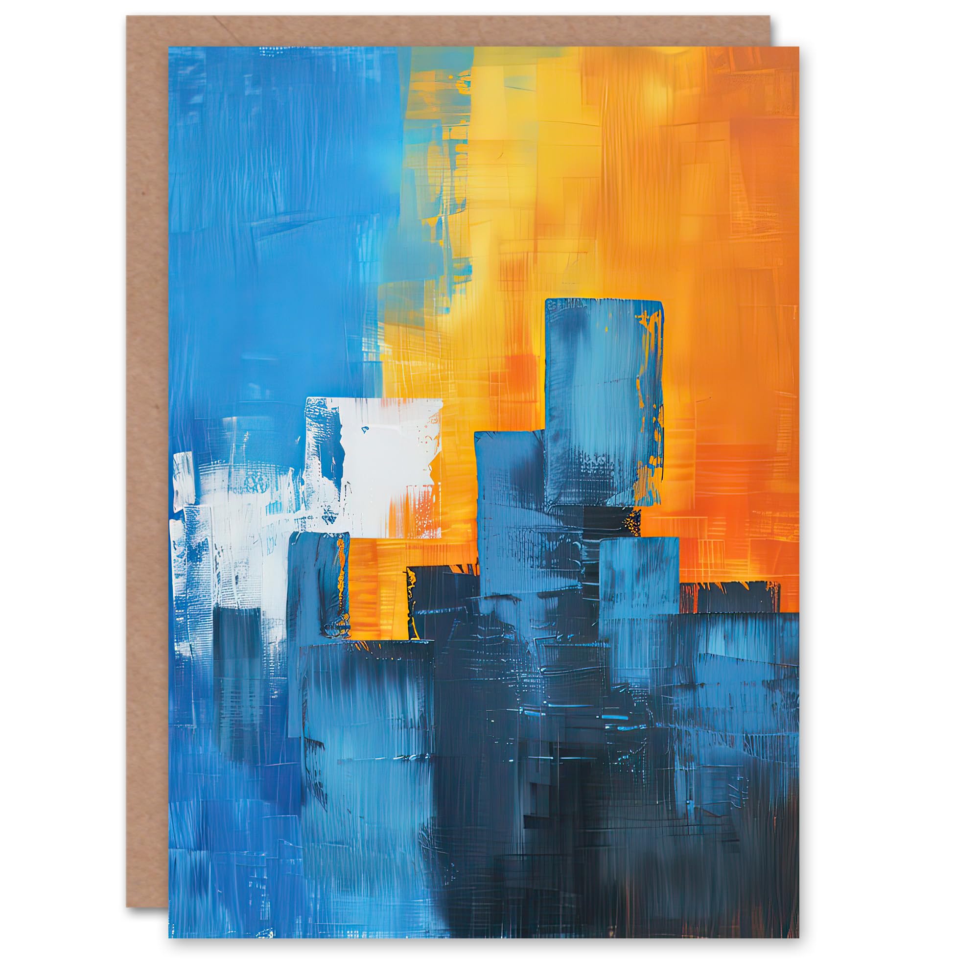 Artery8 Greeting Card Blue Orange Squares Abstract Cityscape Sunrise Blank For Him Or Her Art Birthday Card