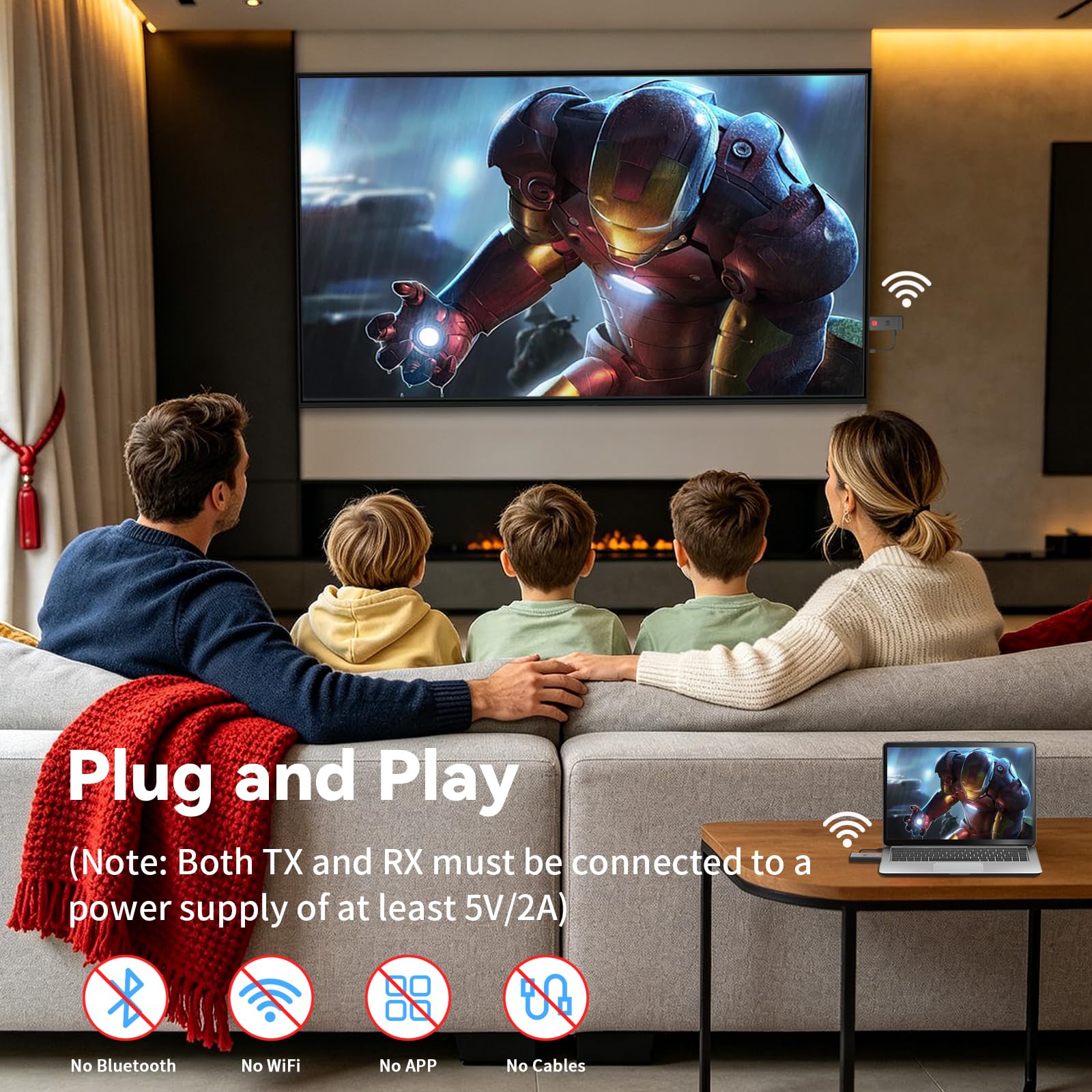HDMI Wireless, Trasmissione Dual Band 2.4G/5G fino a 80m, Extender Wireless HDMI 1080P@60hz Plug & Play, per Laptop/PC/Fotocamera a HDTV/Proiettore/Monitor