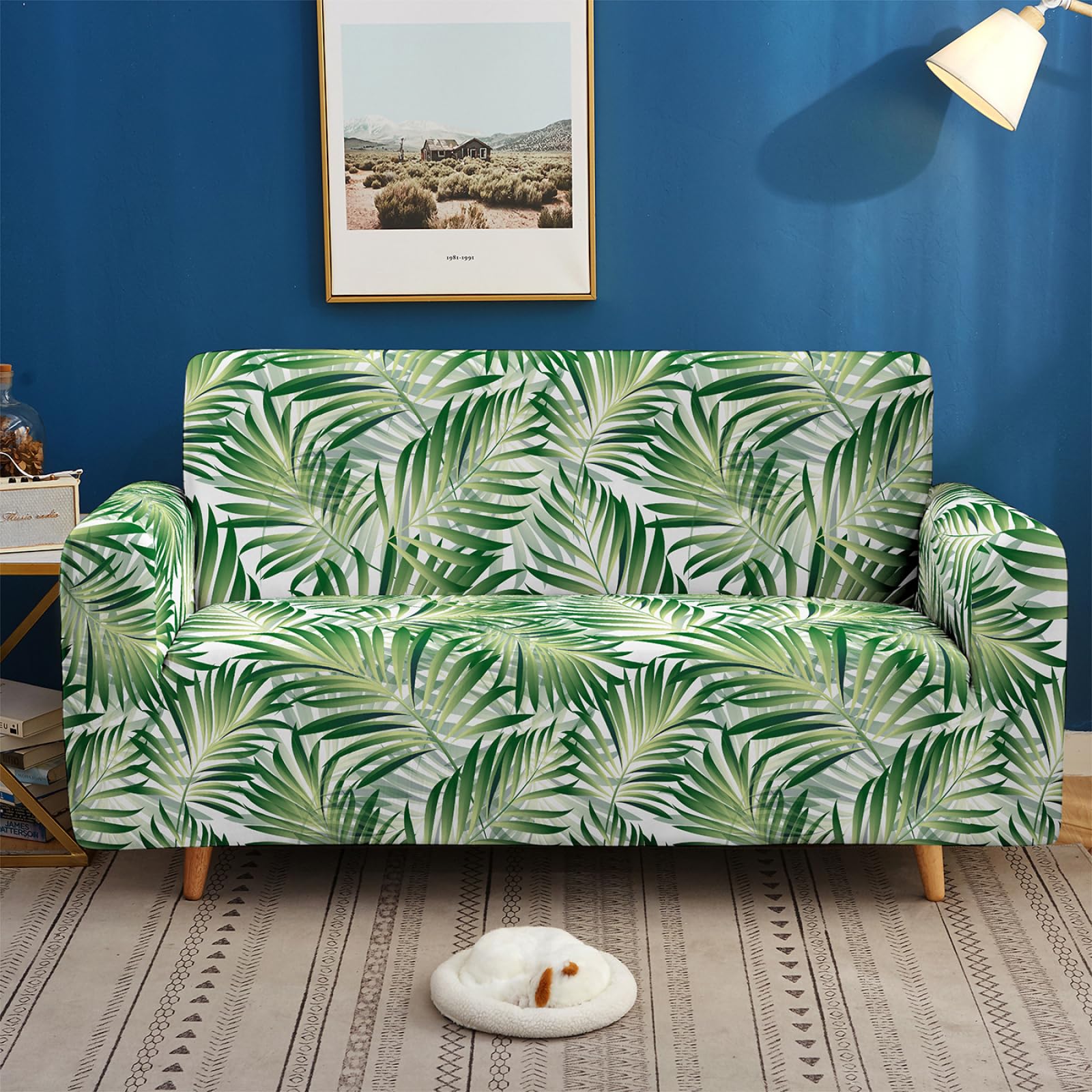 Housse Canapé 3 Places Feuilles Vertes Housse Canapé Extensible 1 Places,avec Accoudoirs,Super Élastique Sofa Cover,Antidérapante,Antisalissure,Lavable