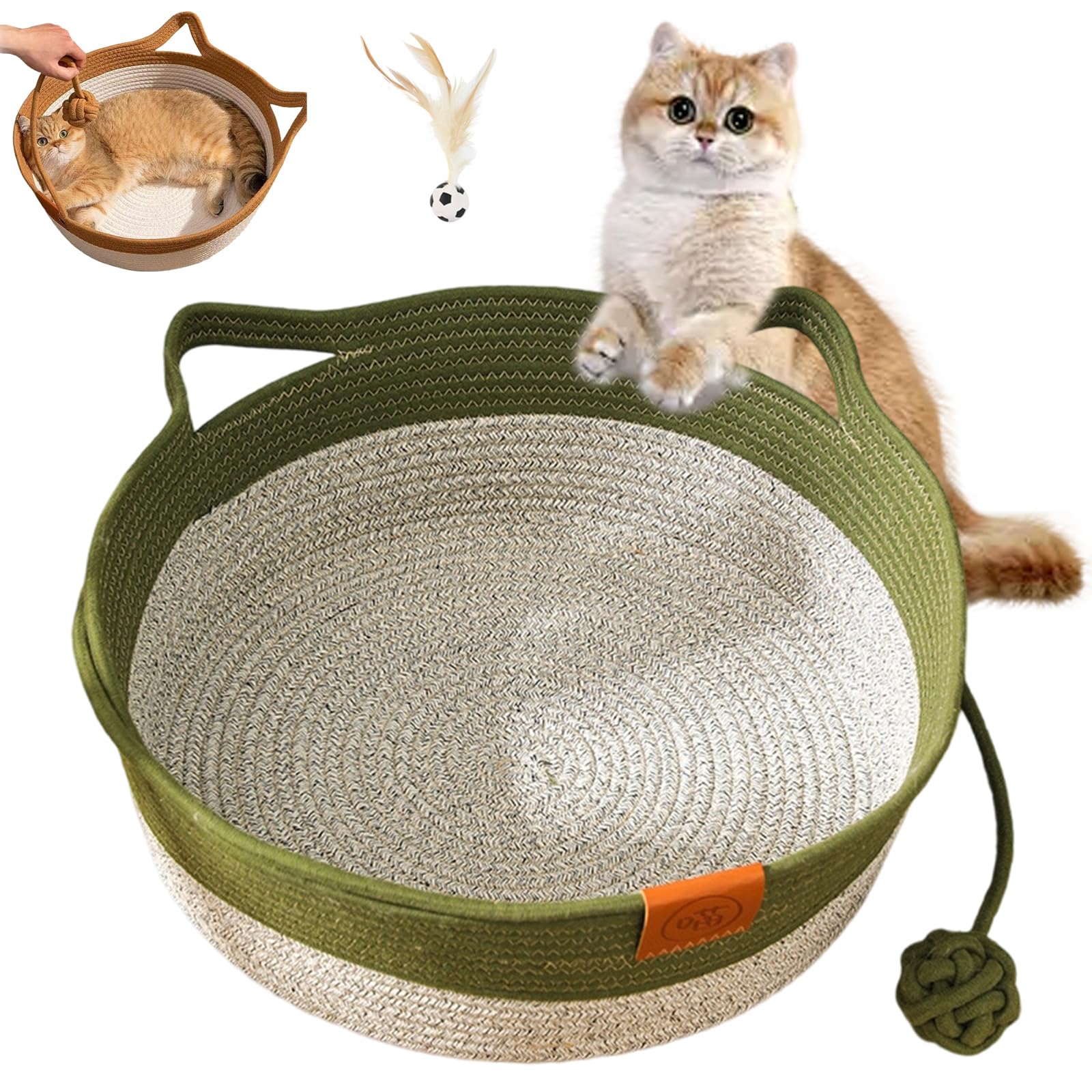 Vgpbphj Stimulicat Cat Bed, Stimulicat Handwoven Basket, Cat Bed Rope Cotton, Foldable Scratchable Hammock with Cats Ear Design, Breathable & Easy to Clean, all Season Universal (Green, S)