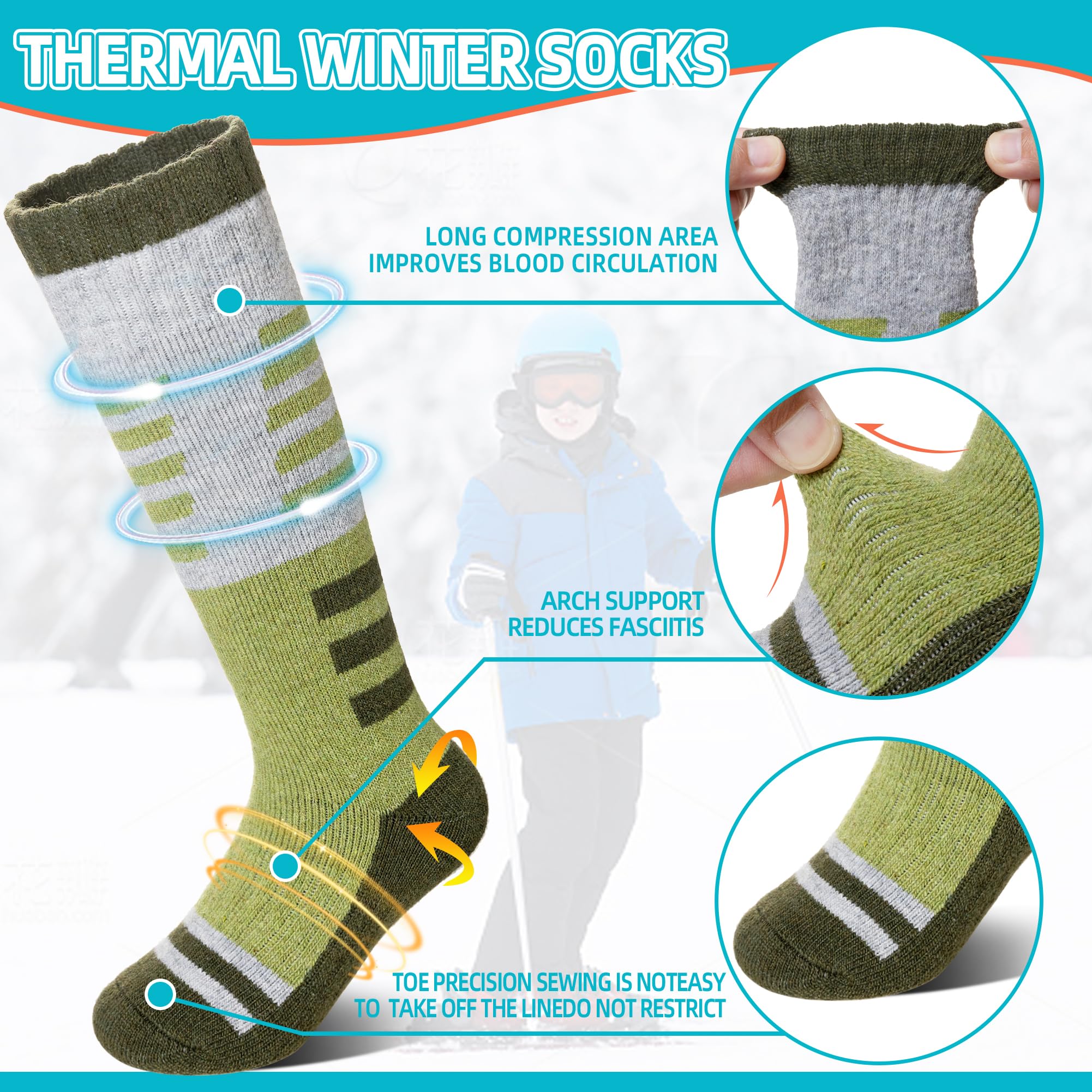 Velice Calcetines de esquí de lana merino para niños, 3 pares, térmicos, gruesos, cálidos, para invierno, para esquí, snowboard