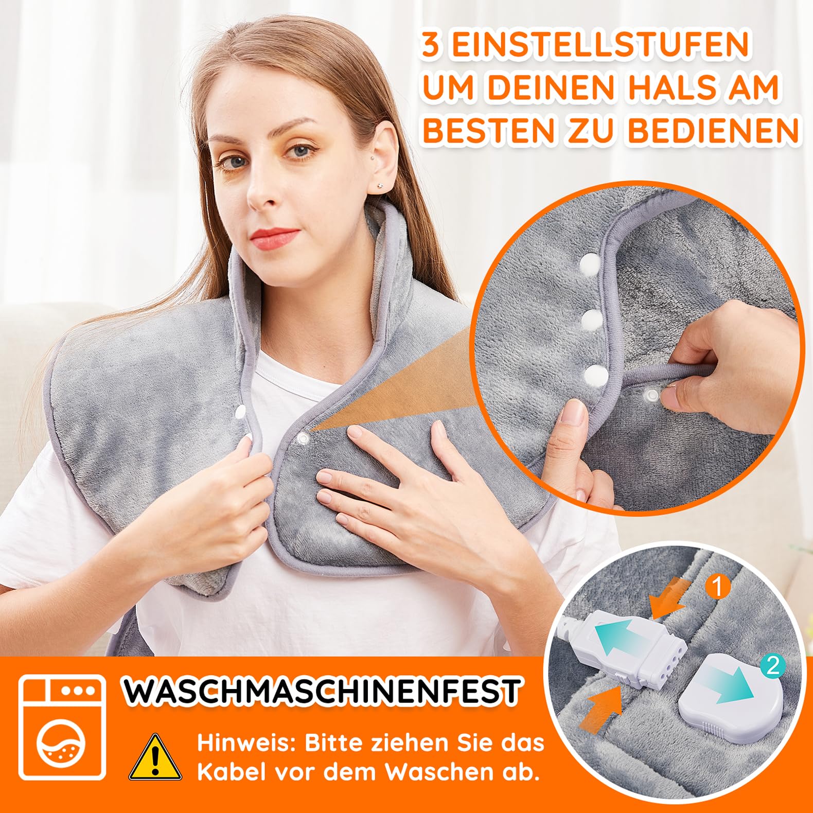 Heizkissen für Rücken Schulter Nacken 60x100cm Wärmekissen mit Taillenriemen, Schnelle Erwärmung, 6 Heizstufen, Rückenwärmer Abschaltautomatik Timer, Flanell, maschinenwaschbar, EU-Stecker, Grau