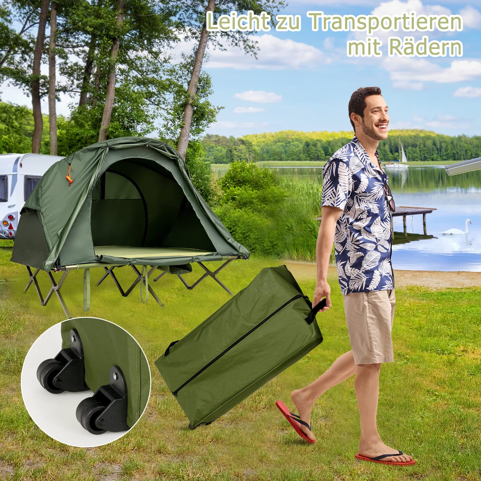 COSTWAY Feldbett mit Zelt für 2 Personen, Campingbett Campingzelt mit selbstaufblasender Luftmatratze, wasserdichter Abdeckung, Tragetasche und Schuhaufbewahrungstasche, 194 x 146 x 160 cm