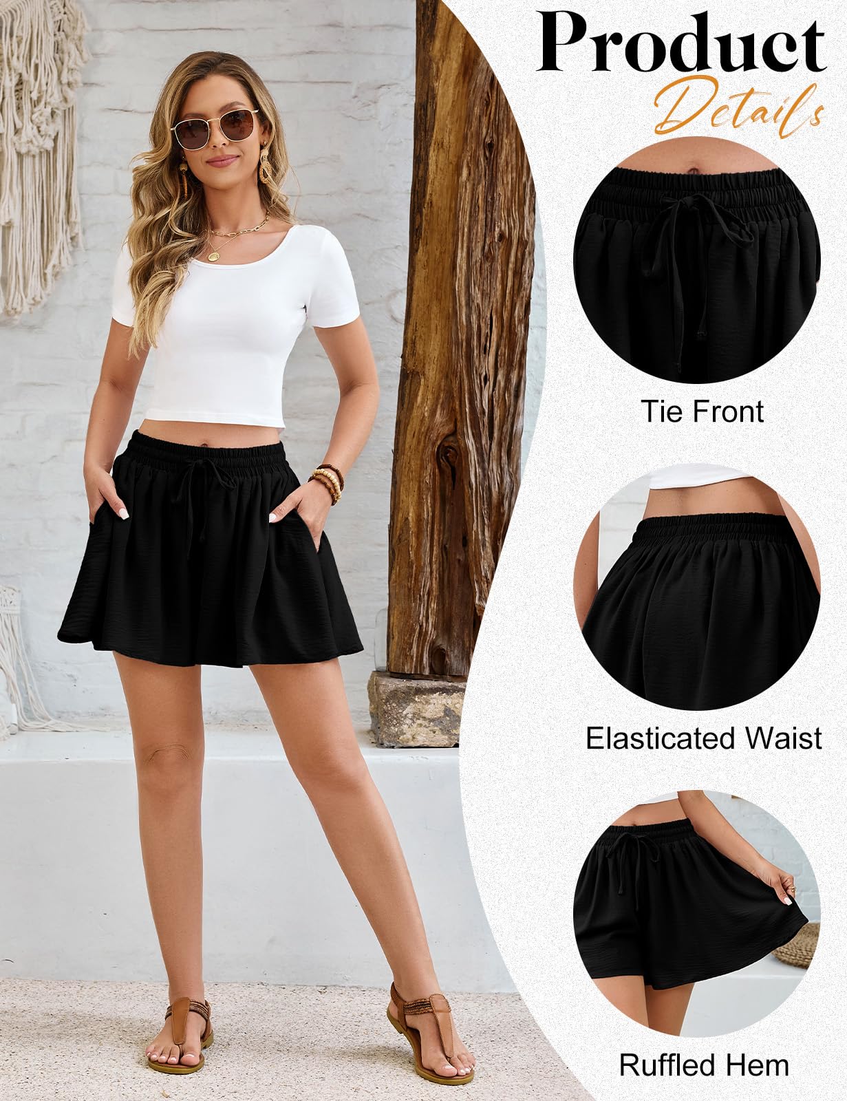 Short Femme Jambes Larges Shorts Été Décontractée Elegant Pantalon Court Plage Travail Vacances avec Ceinture Élastique Cordon et Poches