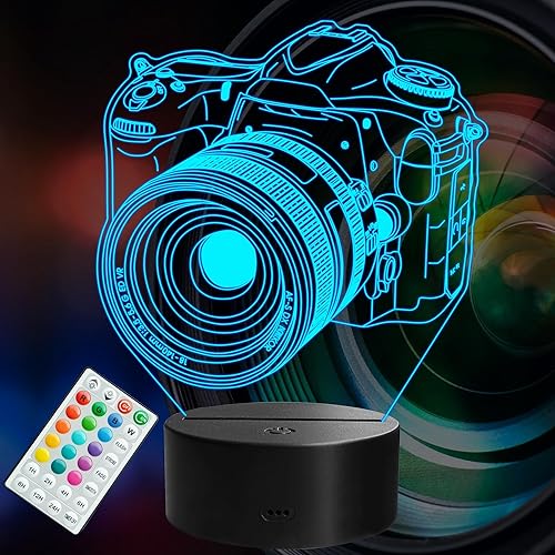 Regalos de fotógrafo para hombres, luz nocturna 3D con cámara con control remoto, 16 colores cambiantes, temporizador, regulable, modo intermitente