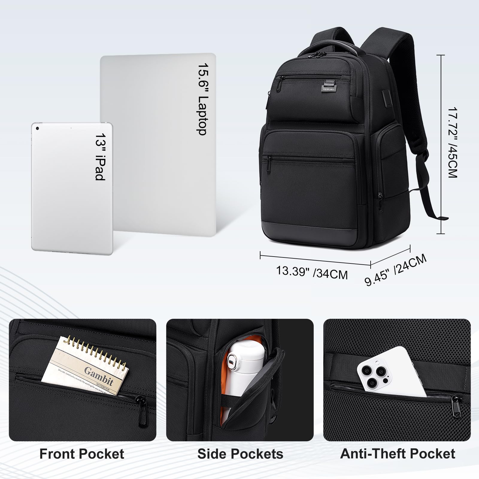 Mochila de viaje de negocios para hombres, mochila para laptop de gran capacidad con puerto de carga USB, bolsa negra expandible multifuncional resistente al agua para computadora de 15.6 6