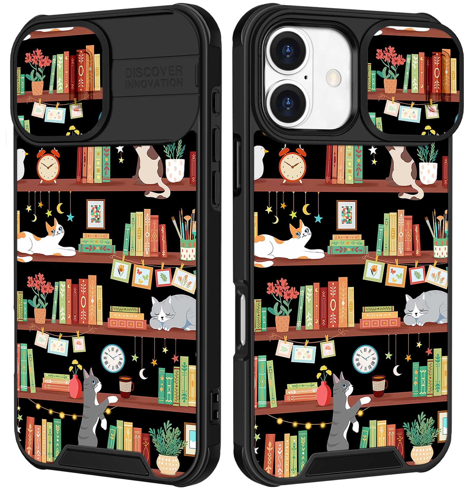 Funermei for iPhone 16 Case - Women Girls Cute Phone Cover Girly Pretty Aesthetic Cat and Books Unique Design with Camera Cover Funda for Apple for iPhone 16