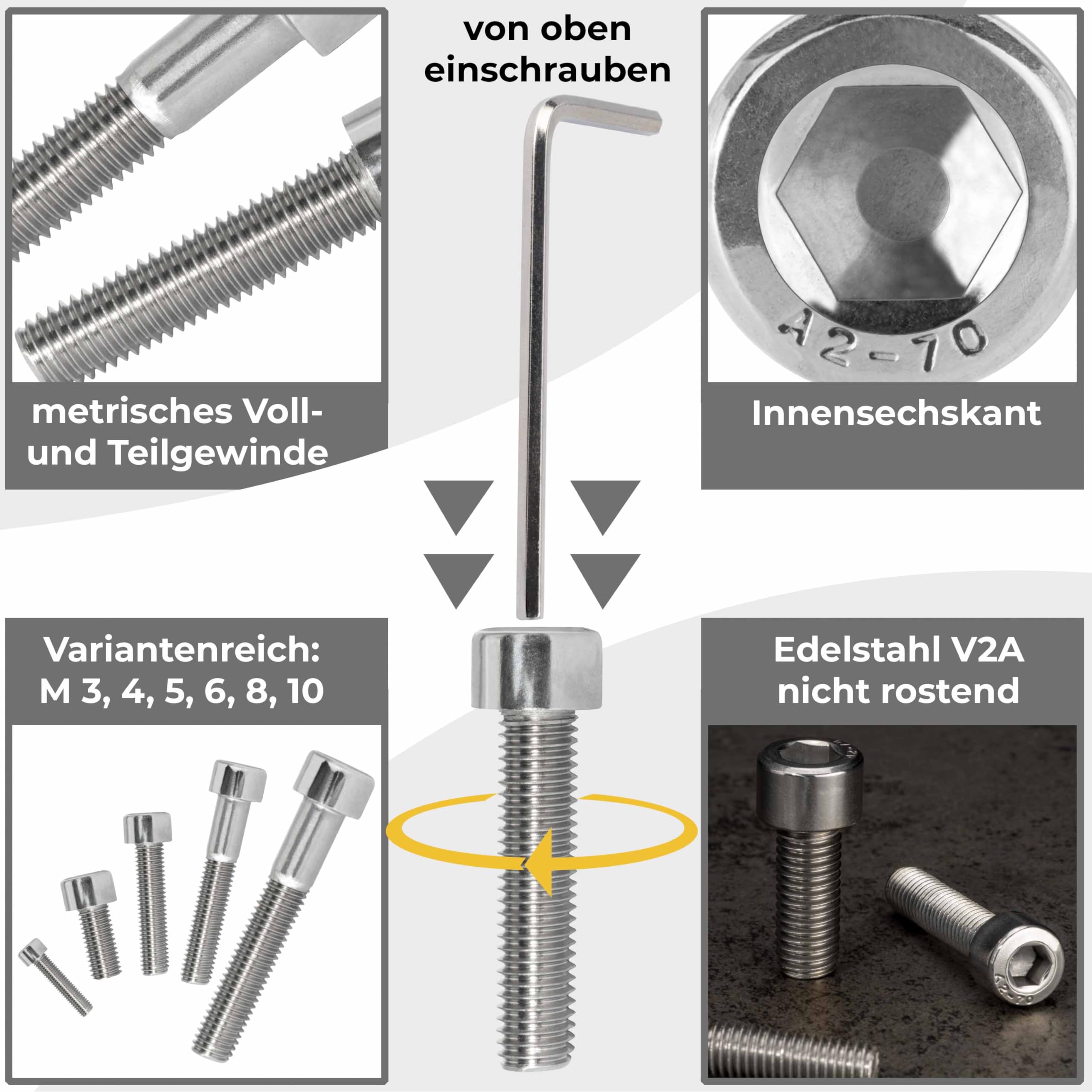 100 Zylinderkopfschrauben M10x20mm Vollgewinde Innensechskant Edelstahl A2 V2A Maschinenschrauben Edelstahlschrauben Gewindeschrauben Zylinderschrauben Innensechskantschrauben DIN 912 ISO 4762