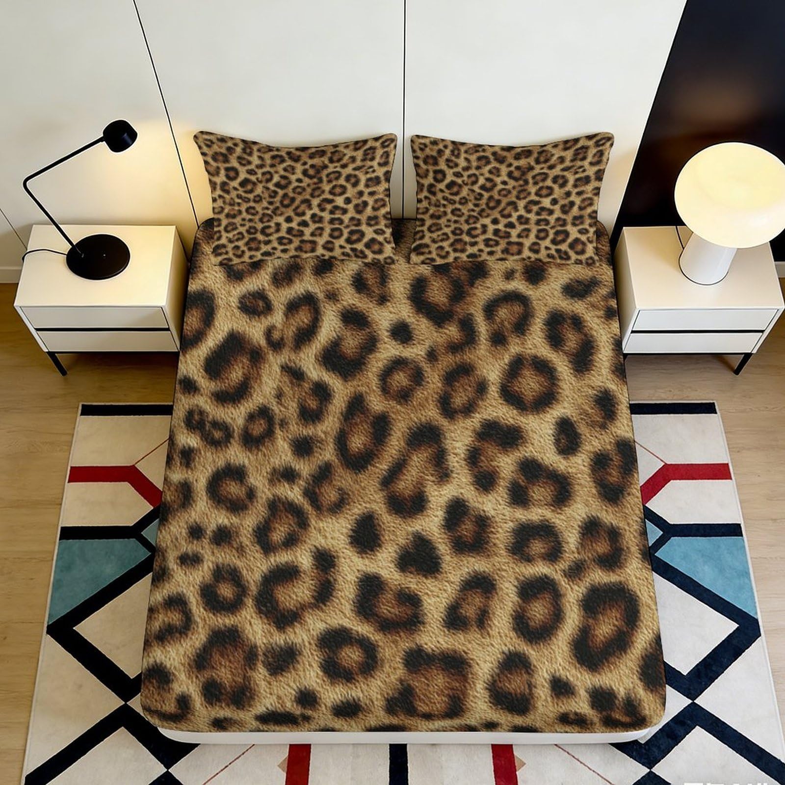 3D Printed Leopard Fitted Sheet Microfiber Deep Pocket Bedroom Bedding Leopard Mattress Fitted Cover Non-Slip Wrap Washable 160x200x25cm