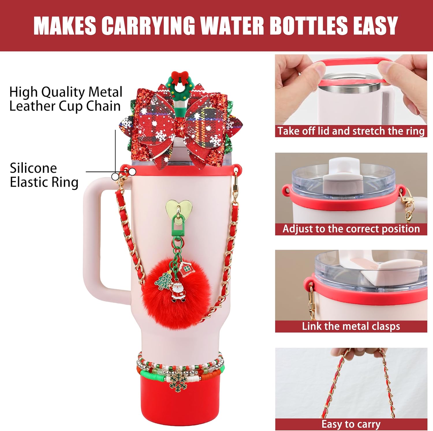 11PCS Christmas Accessories for Stanley Cup 40oz&30oz Tumbler Accessories: Silicone Cute Christmas Wreath Straw Topper Cover Silicone Stanley Boot Leather Bottle Handle Strap Bracelet Charms - Image 2