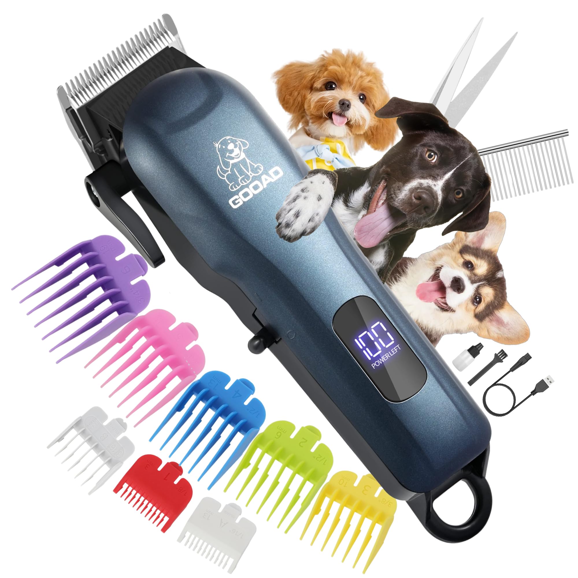 Dog Clippers for Grooming, Cordless,Low Noise, Electric Quiet,Rechargeable, Pet Hair Clippers for Thick Coats, Dog Trimmer Grooming Kit, Shaver for Small and Large Dogs Cats, Blue