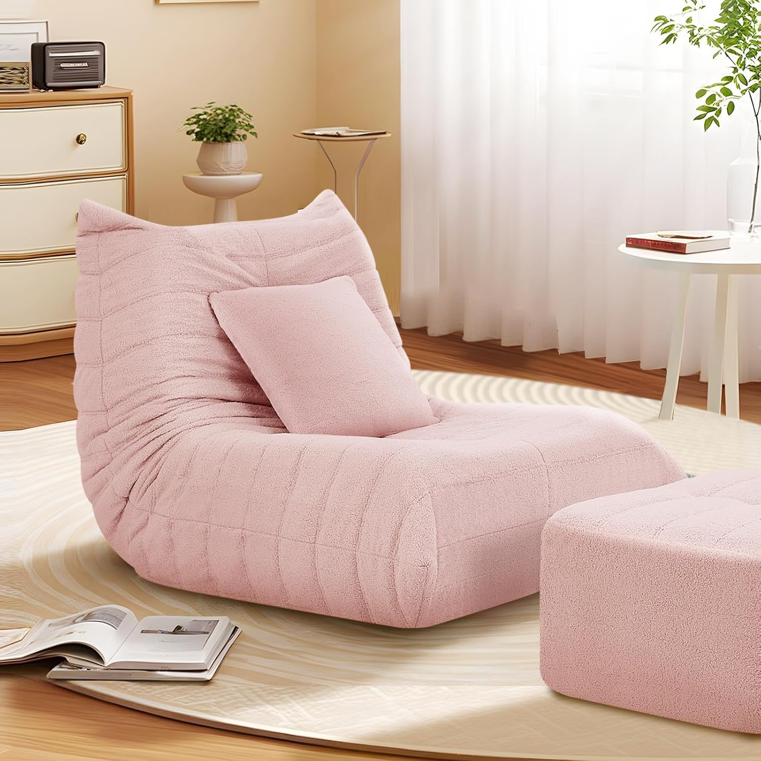 Bean Bag Chair with Ottoman, Comfy BeanBag Chairs for Adults,Giant Bean Bag Lounger with Memory Foam Filled,Teddy Lazy Sofa Reading Chair for Bedroom, Living Room,Dorm,Pink