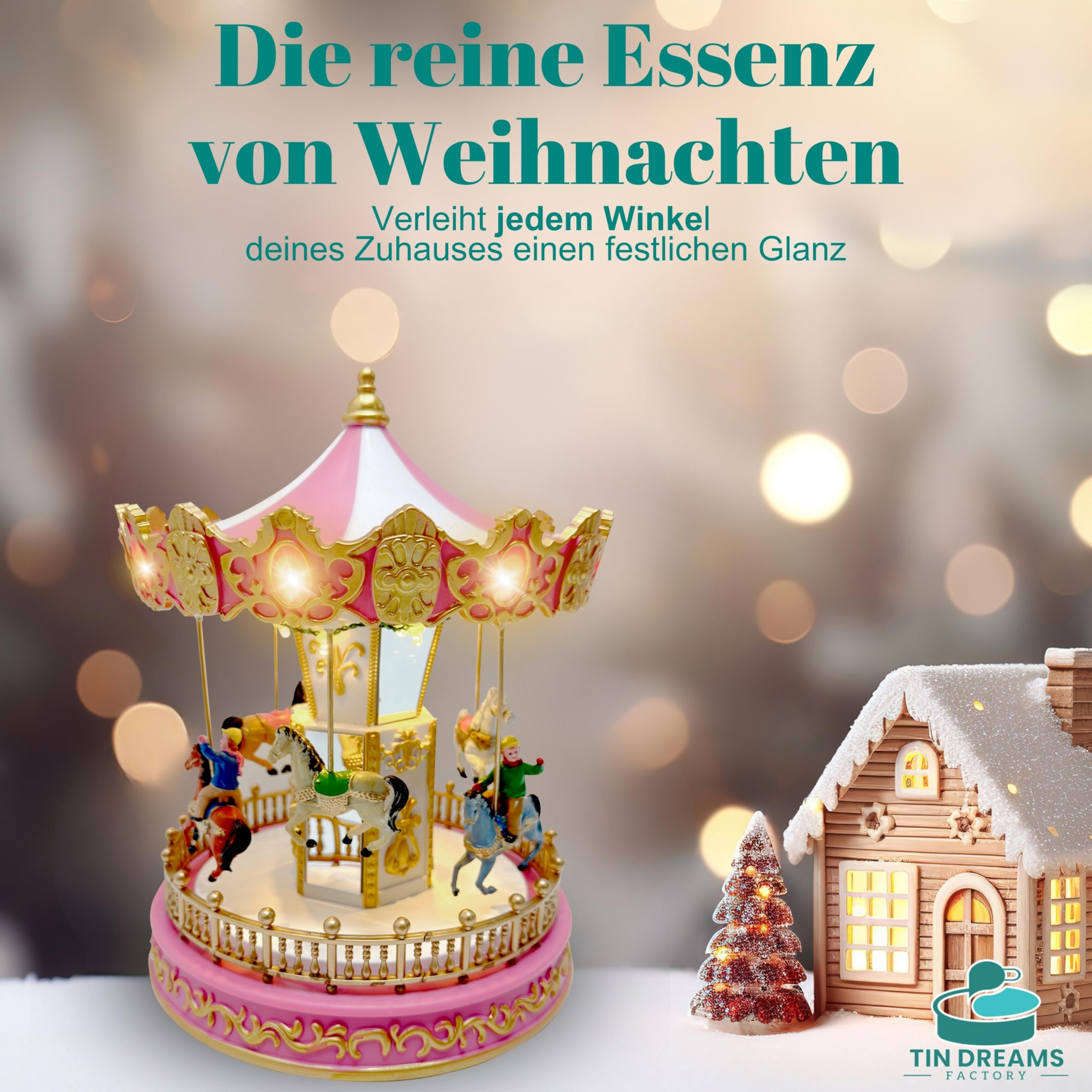 TIN Dreams | Kleiner Weihnachtskarussell mit Bewegung, Musik und LED-Lichtern | Musikalisches Karussell | Weihnachtsdorf, Miniaturdorf, Beleuchtete animierte Szene | Weihnachtsdeko Inner