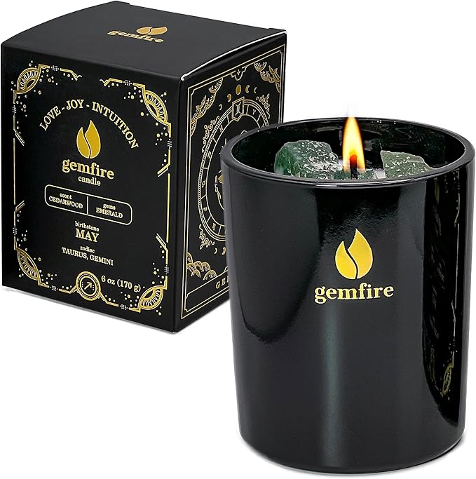 GemFire Organic Scented Crystal Candle - Emerald Gemstone, May Birthstone Gift - Taurus or Gemini Zodiac Sign - Natural Soy Wax & Beeswax - Long-Burn for Aromatherapy, Meditation, Relaxation