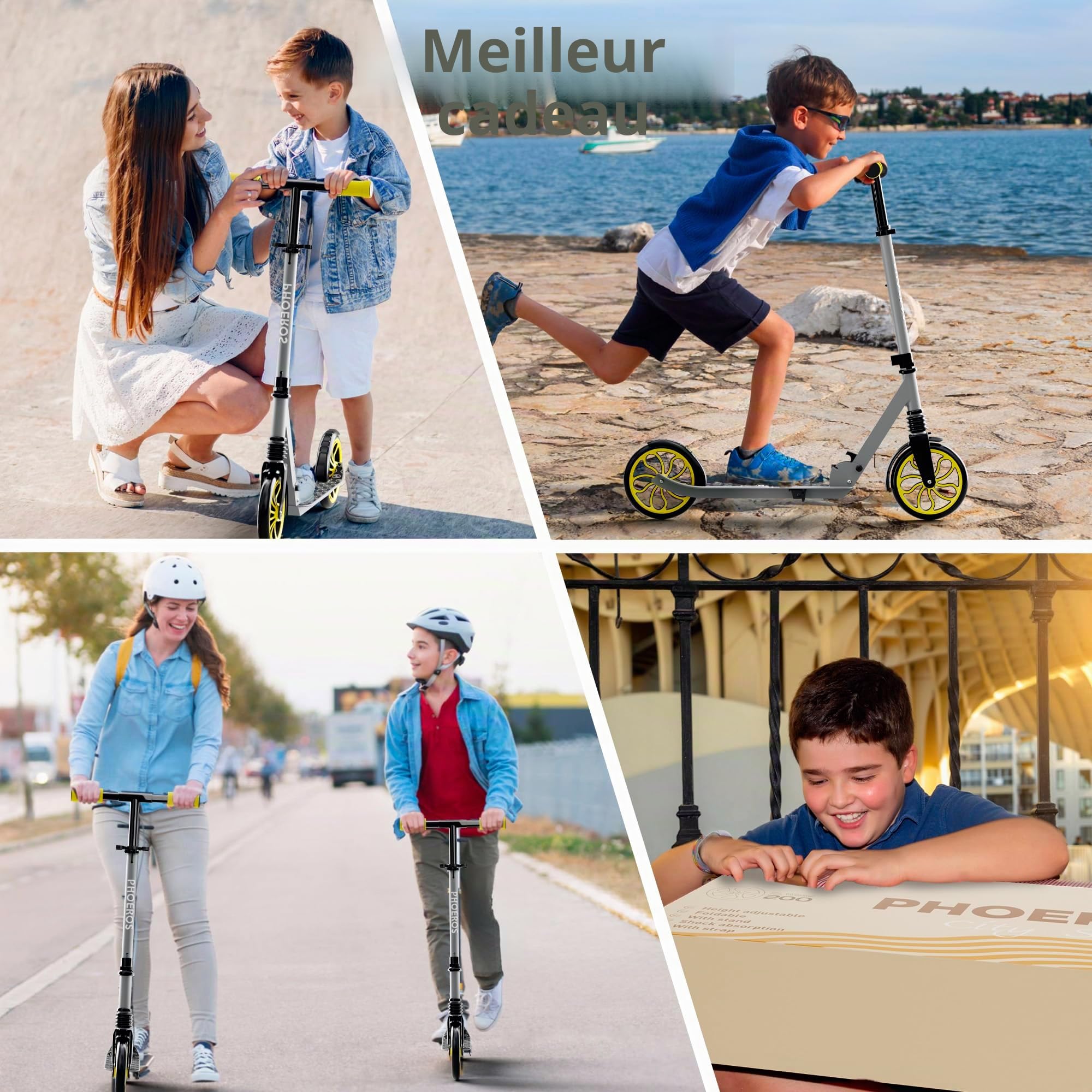 PHOEROS Trottinette pour Enfants 6-12Ans,Adolescents et Adultes Trottinette Pliable Aluminium Léger pour Ados,Garçons&Filles,avec Grandes Roues 200mm,3 Hauteurs Réglables,Absorption Chocs