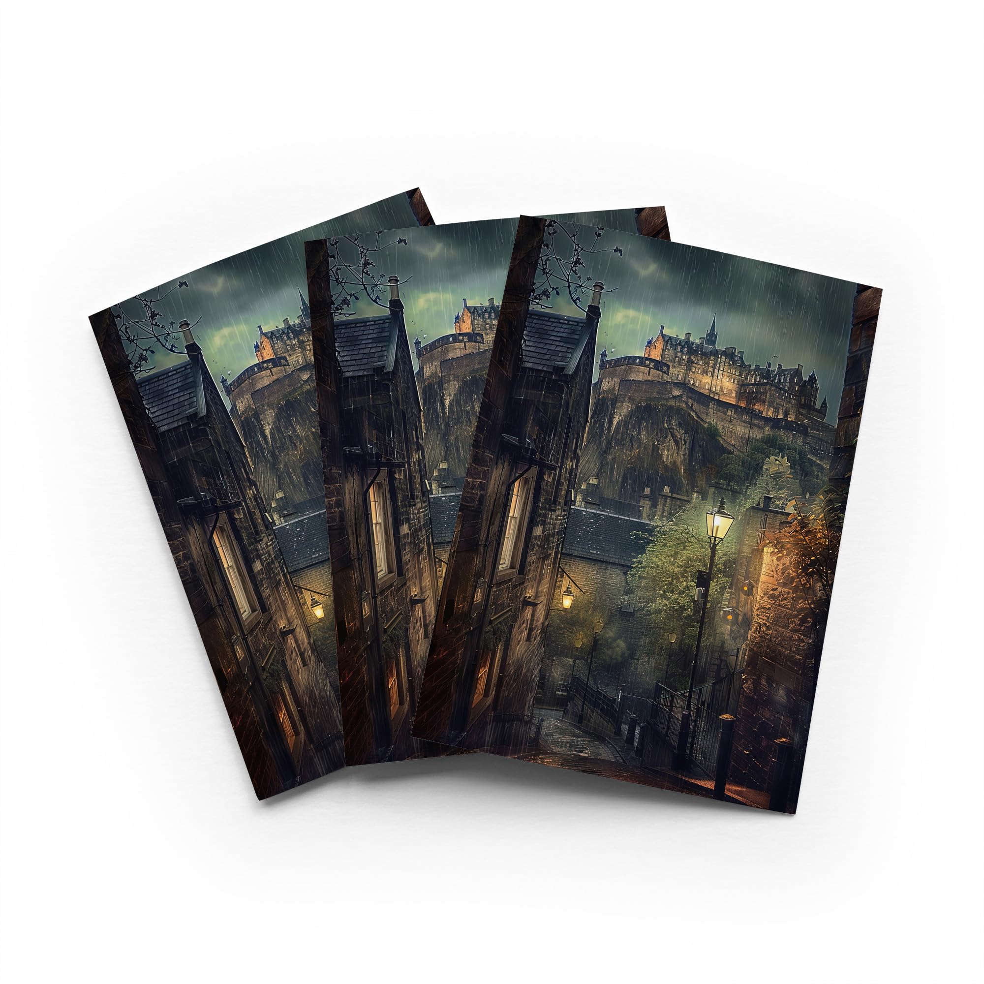 Edinburgh Castle Night Greeting Card Scotland Rain Any Occasion Set of 3 Blank Inside 5x7 Inch 13x18 cm