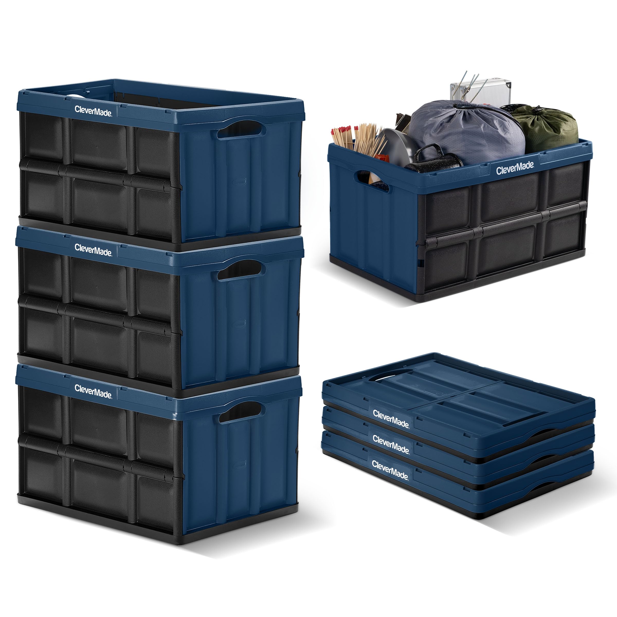 CleverMade Collapsible Storage Bins, 62L 3 Pack, 100 lb Stackable, Ocean