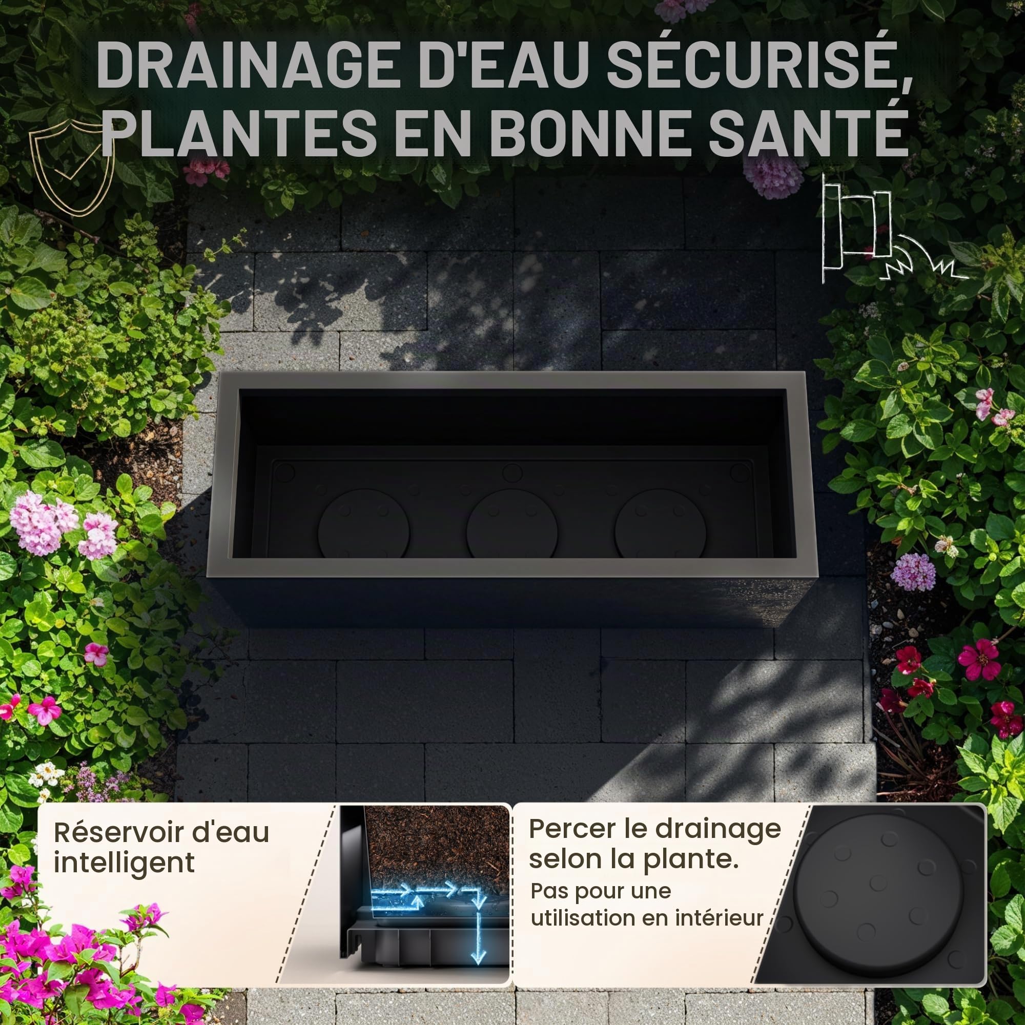Ondis24 Vulcan - Pot de fleurs rectangulaire - Volume de 57 l - Jardinière avec réservoir d'eau - Pour balcon, terrasse - Anthracite