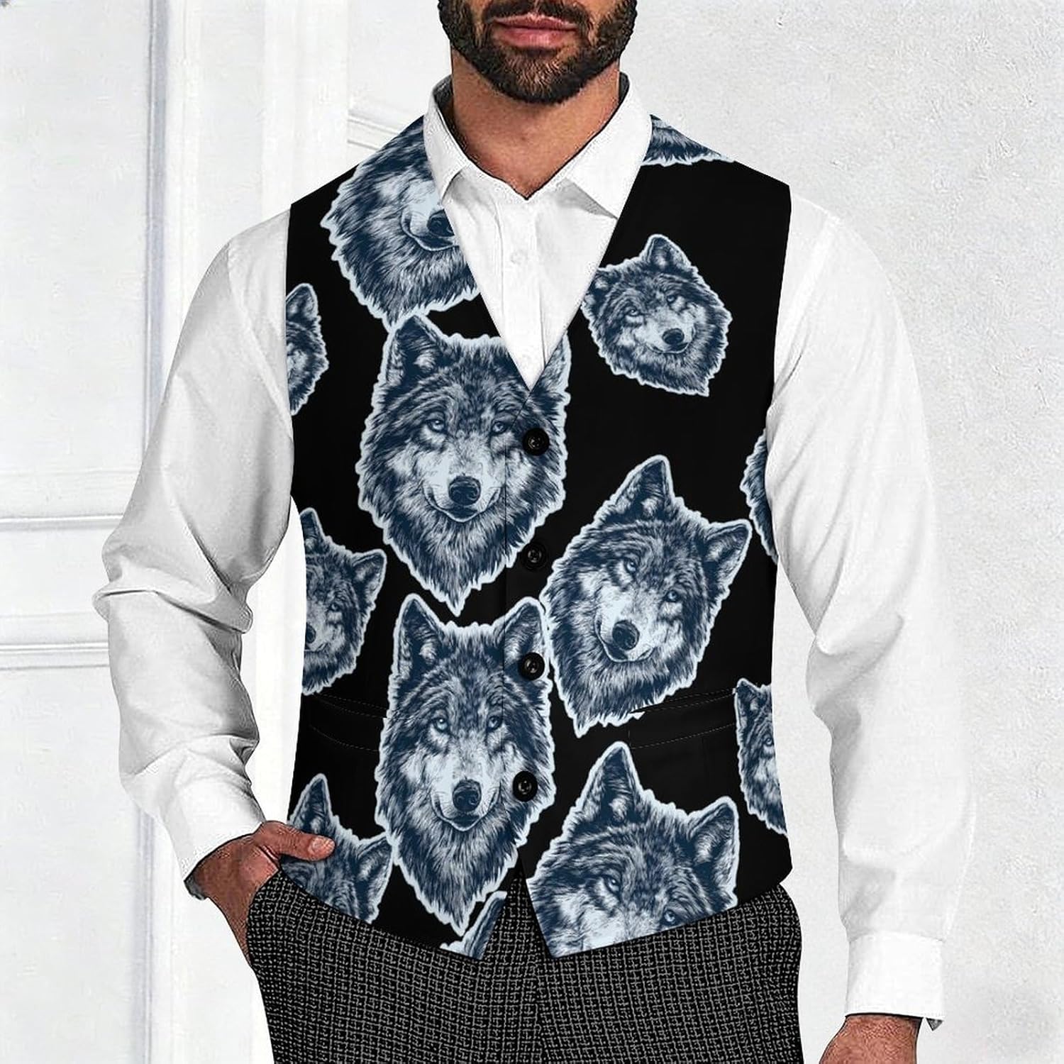 Wolf Head with Blue Eyes Fashion Suit Vest for Men Slim Fit Waistcoat Business Casual Dress Tuxedo