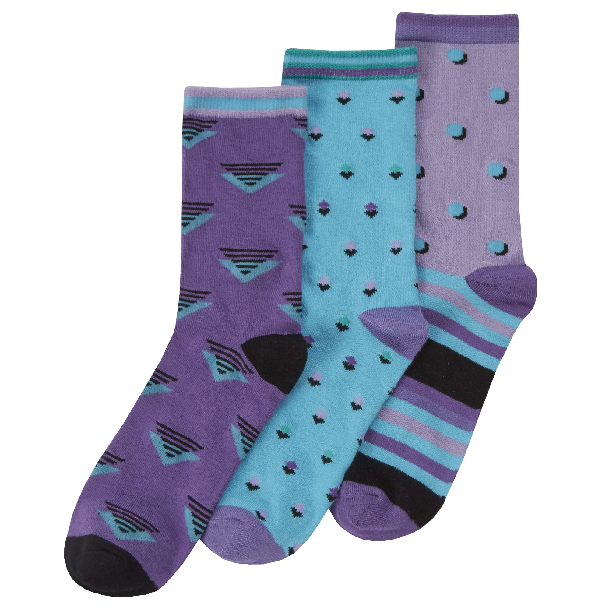 Metzuyan WS-SS23 Ladies Novelty Bamboo Crew Socks Geometric Patterned Mid Calf Socks 3 Pairs Purple UK 4-8