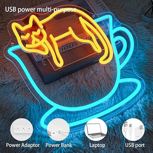 Miniatura 3 de Letrero de neón de gato de café para decoración de pared, luz de neón regulable para negocios, letrero de luz LED de café alimentado por USB para