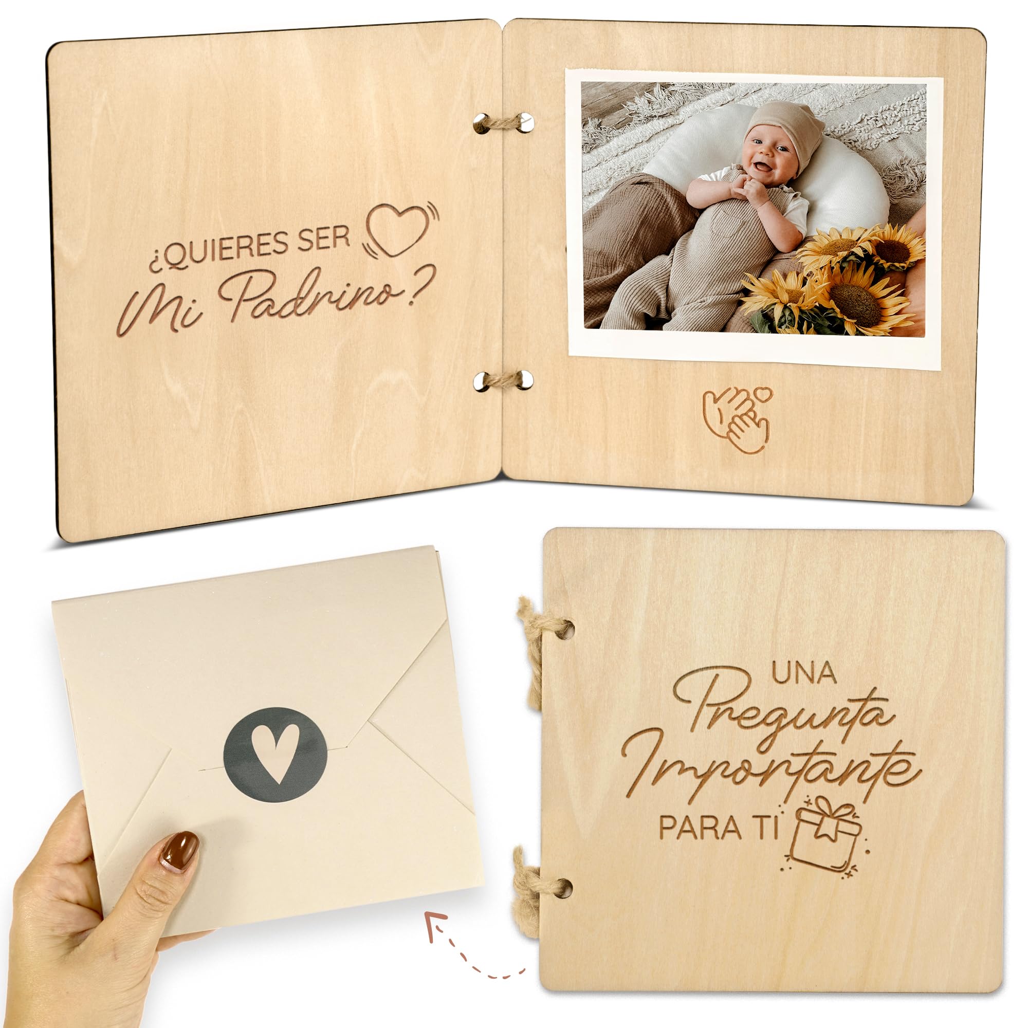 Quieres ser mi madrina de bautizo? Quieres ser mi padrino? - Regalo padrinos bautizo - Padrinos bautizo propuesta en librito de madera con espacio para foto de tu bebé | Mikito