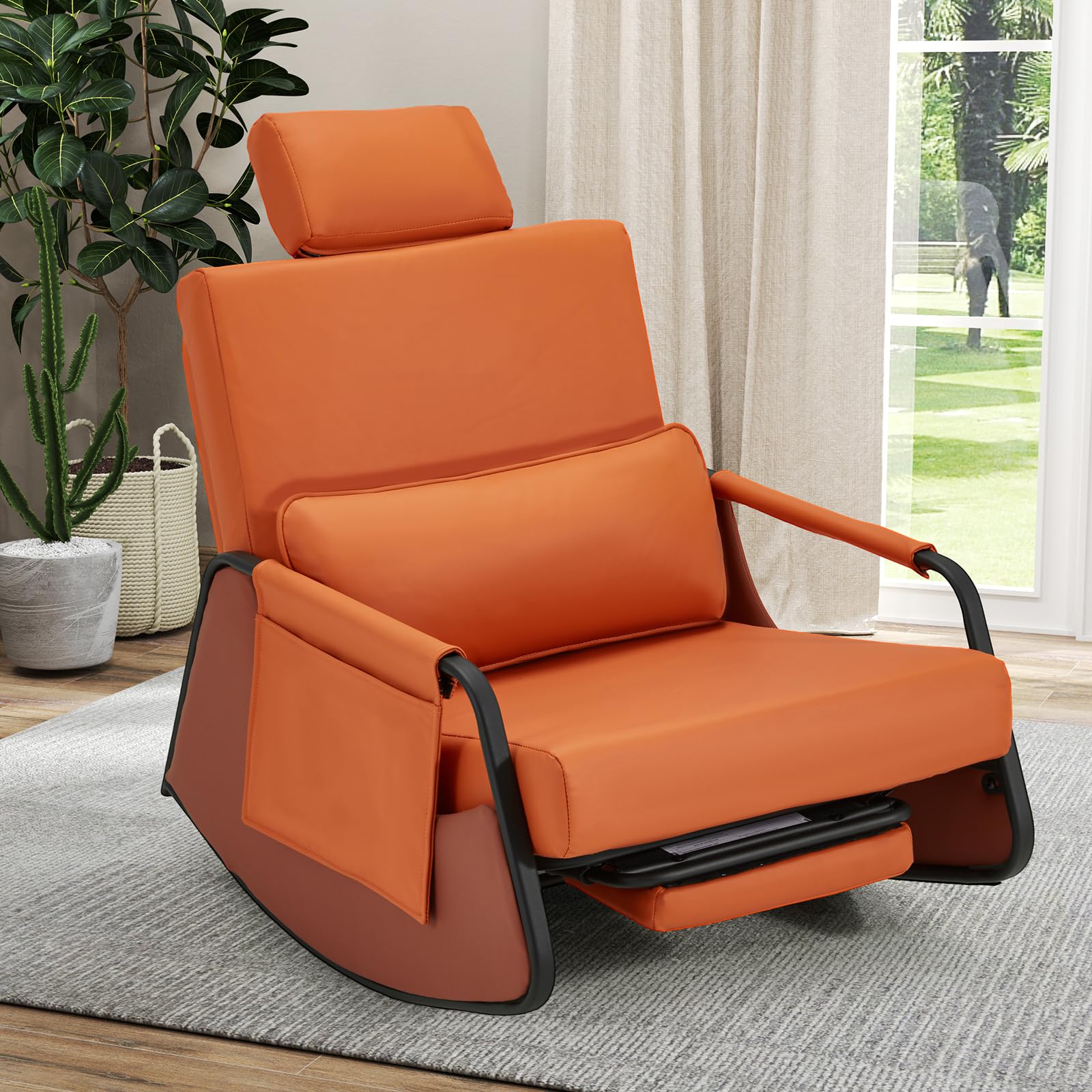 AECOJOY Nursery Rocking Chair with Retractable Footrest & Adjustable Backrest, Glider Rocking Chair w/Adjustable Headrest, Side Pocket, Accent Chair for Living Room, Orange Leather