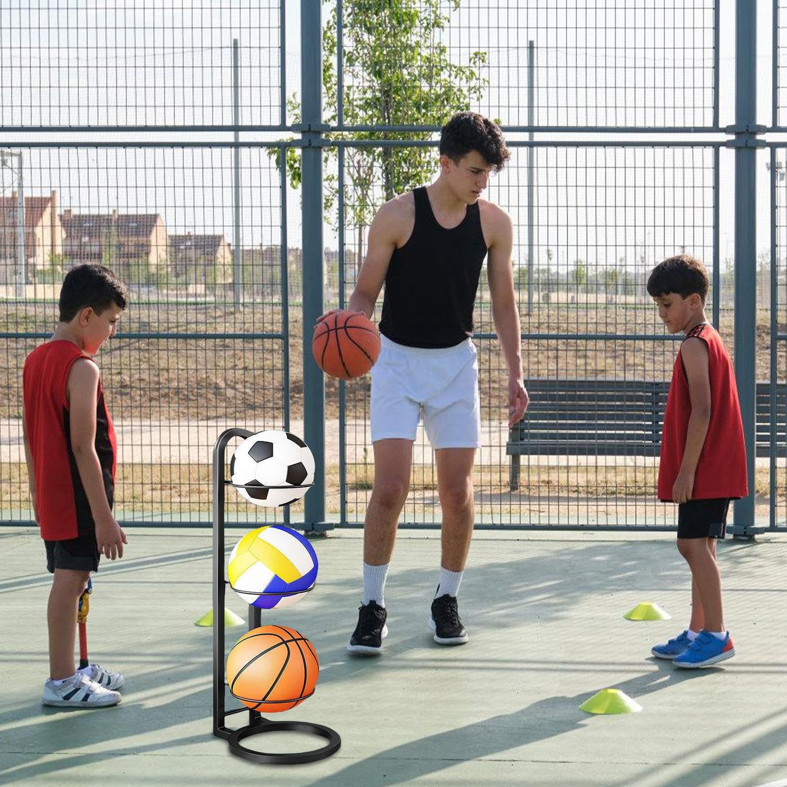 Estantería de almacenamiento de pelota para fútbol y baloncesto, soporte vertical multicapa