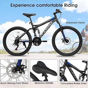 Mountain Bike with Full Suspension, 21 Speed Shifter Lever with Gear Indicator, High Carbon Steel Frame, Mechanical Disc Brakes