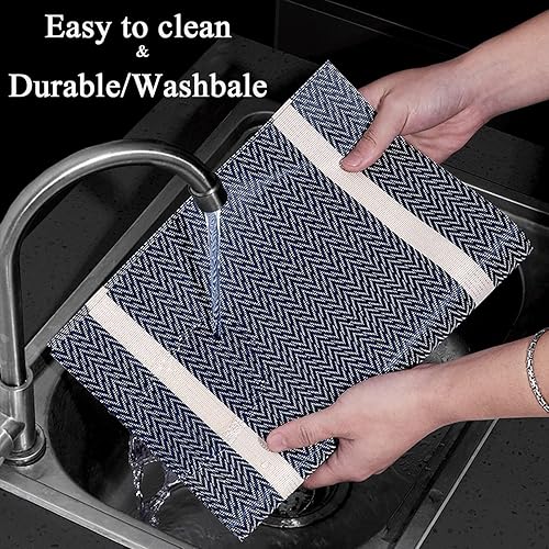 Miniatura 5 de Juego de 8 manteles individuales lavables para mesa de cocina, manteles individuales de PVC fáciles de limpiar (rayas azules)