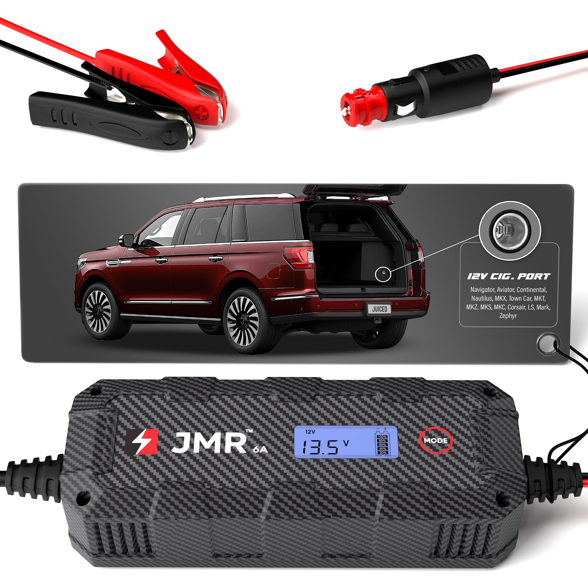 JMR Cargador de Bateria para Lincoln Navigator Aviator Continental Nautilus MKX Town Car MKT MKZ MKS MKC Corsair LS Todos los Modelos Mantenedor de Carga Acondicionador (Sin Modo Litio)