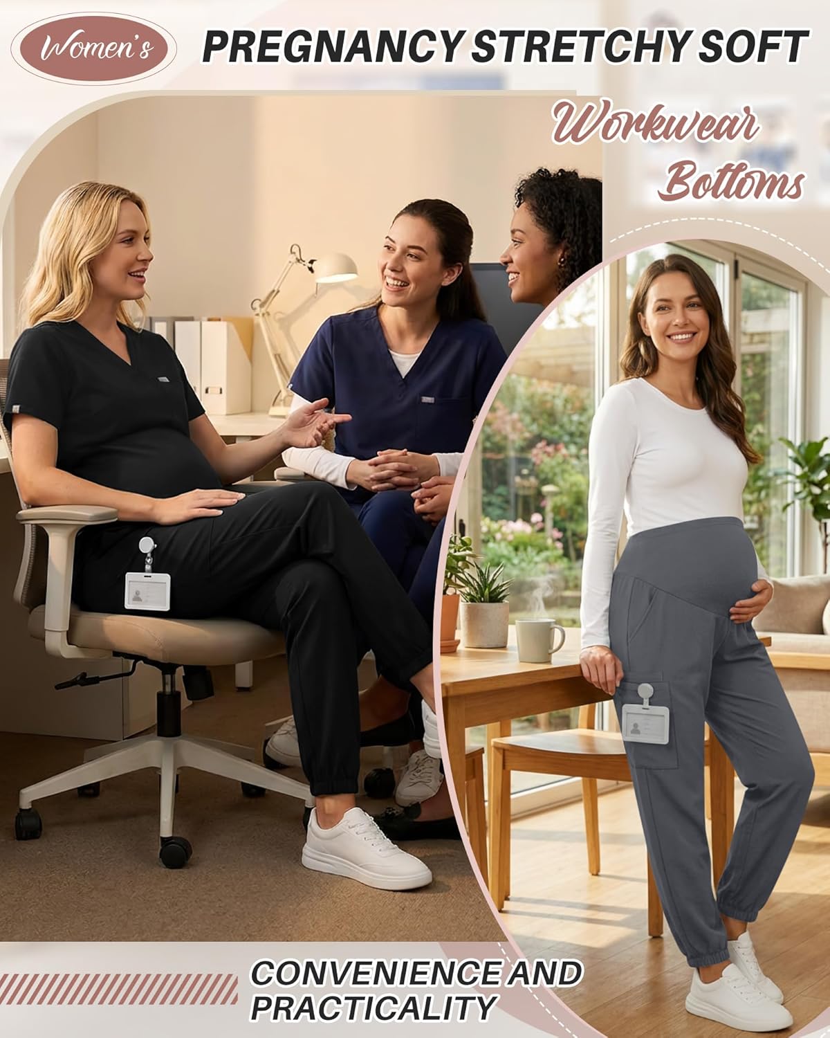 Oakgarden 2 Pack Women's Maternity Scrub Pants with 6 Pockets Maternity Joggers Pregnancy Stretchy Soft Workwear Bottoms