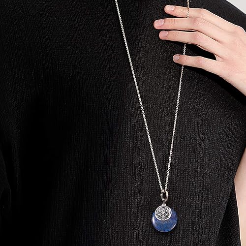 Miniatura 7 de LiQunSweet - Juego de 5 colgantes de piedra de lapislázuli natural con acabado de latón en tono platino redondo con flor de la vida, para hacer