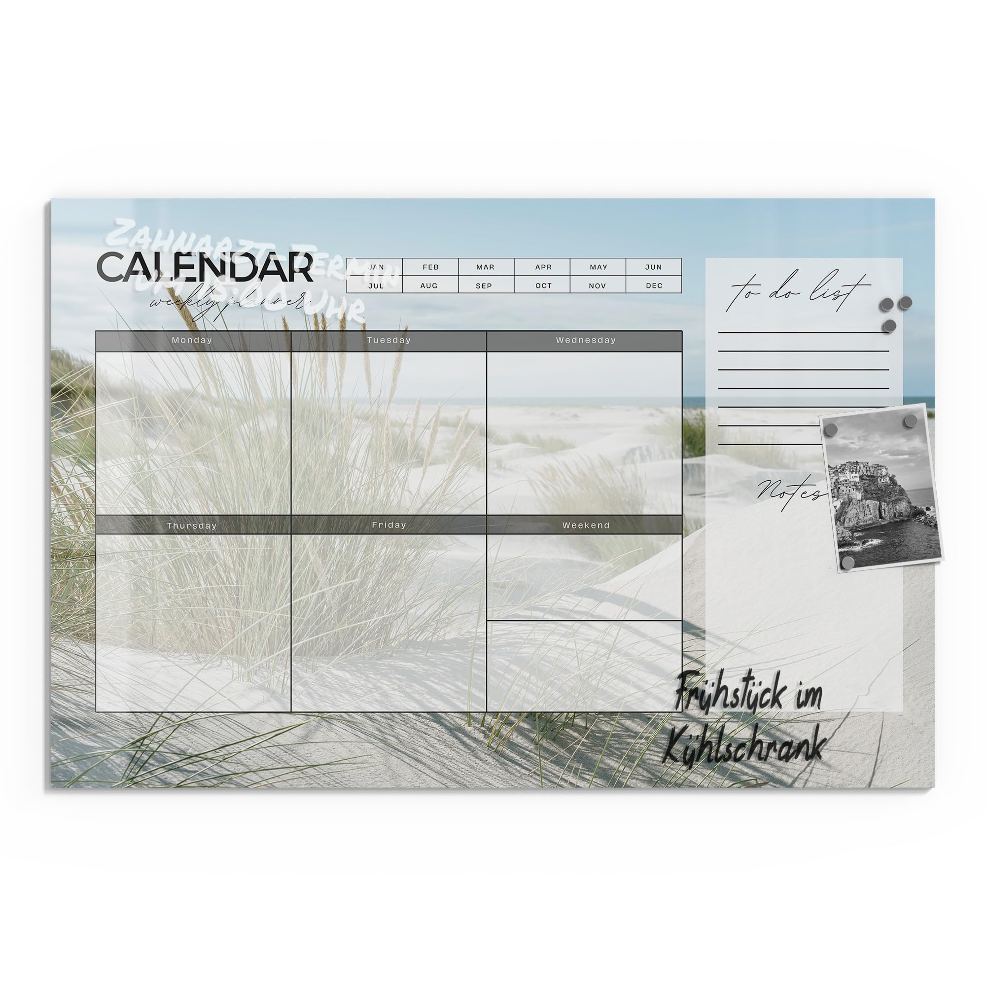 DEQORI Lavagna magnetica in vetro | 90 x 60 cm | motivo "Agenda settimanale sabbia (EN)" | Lavagna magnetica con magneti, penna e panno per cucina e ufficio, lavagna magnetica e scrivibile