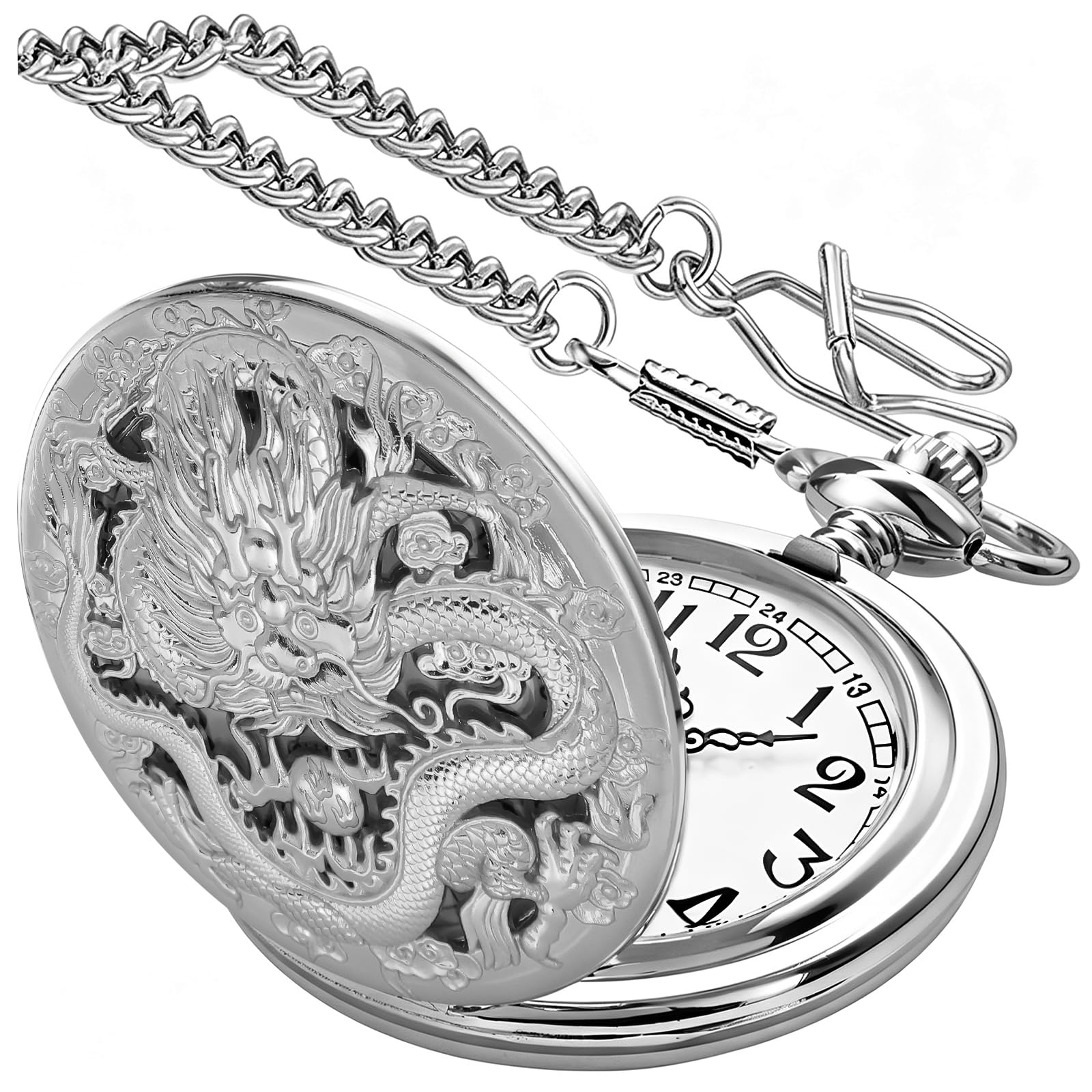 Dragon Quartz Pocket Watches for Men Roman Numerals Pocket Watch with Chain